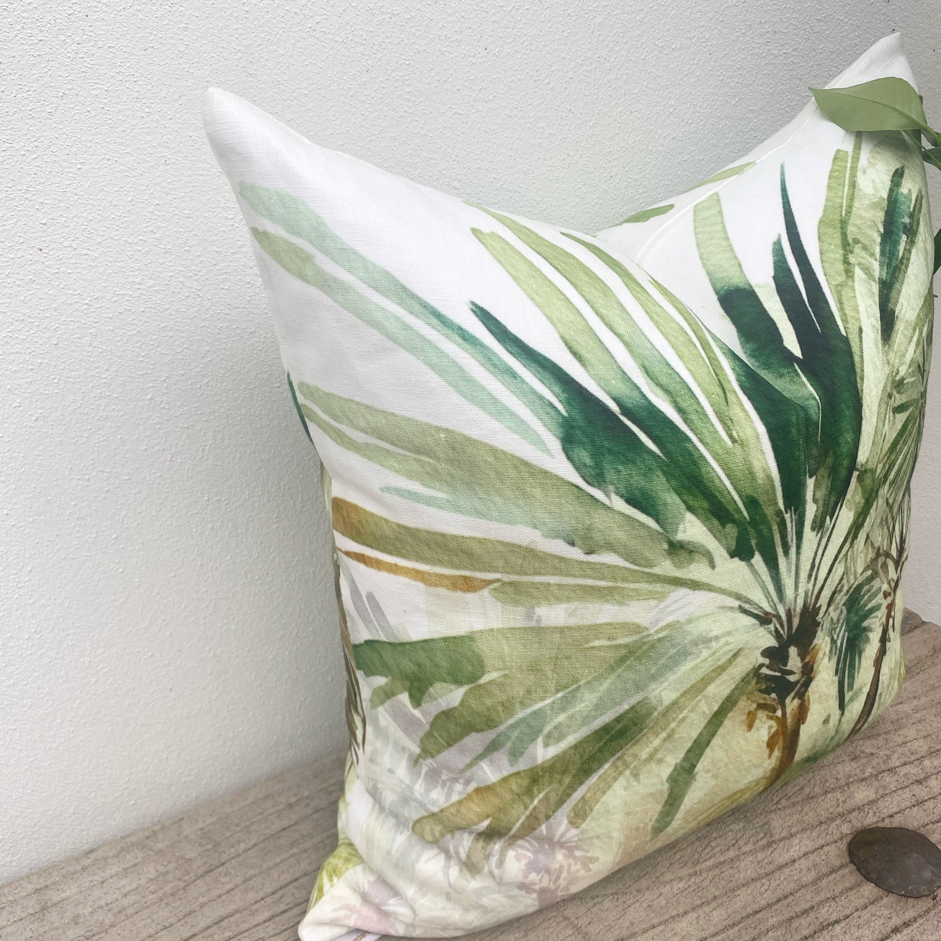 Set of 3 Green Linen Tropical Palm Cushion Covers| Bahamas-Revived Artisan Eco Home Decor