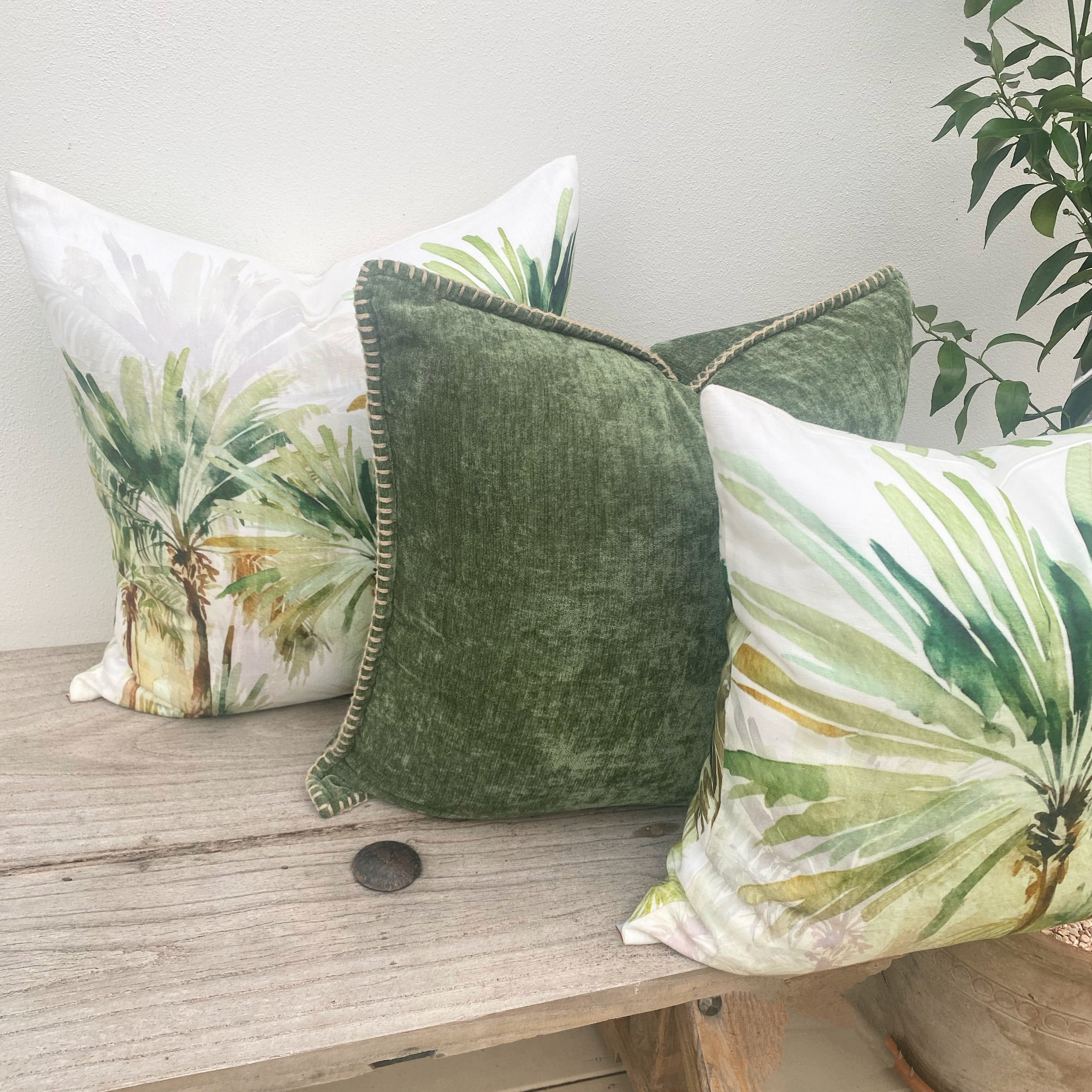 Set of 3 Green Linen Tropical Palm Cushion Covers| Bahamas-Revived Artisan Eco Home Decor