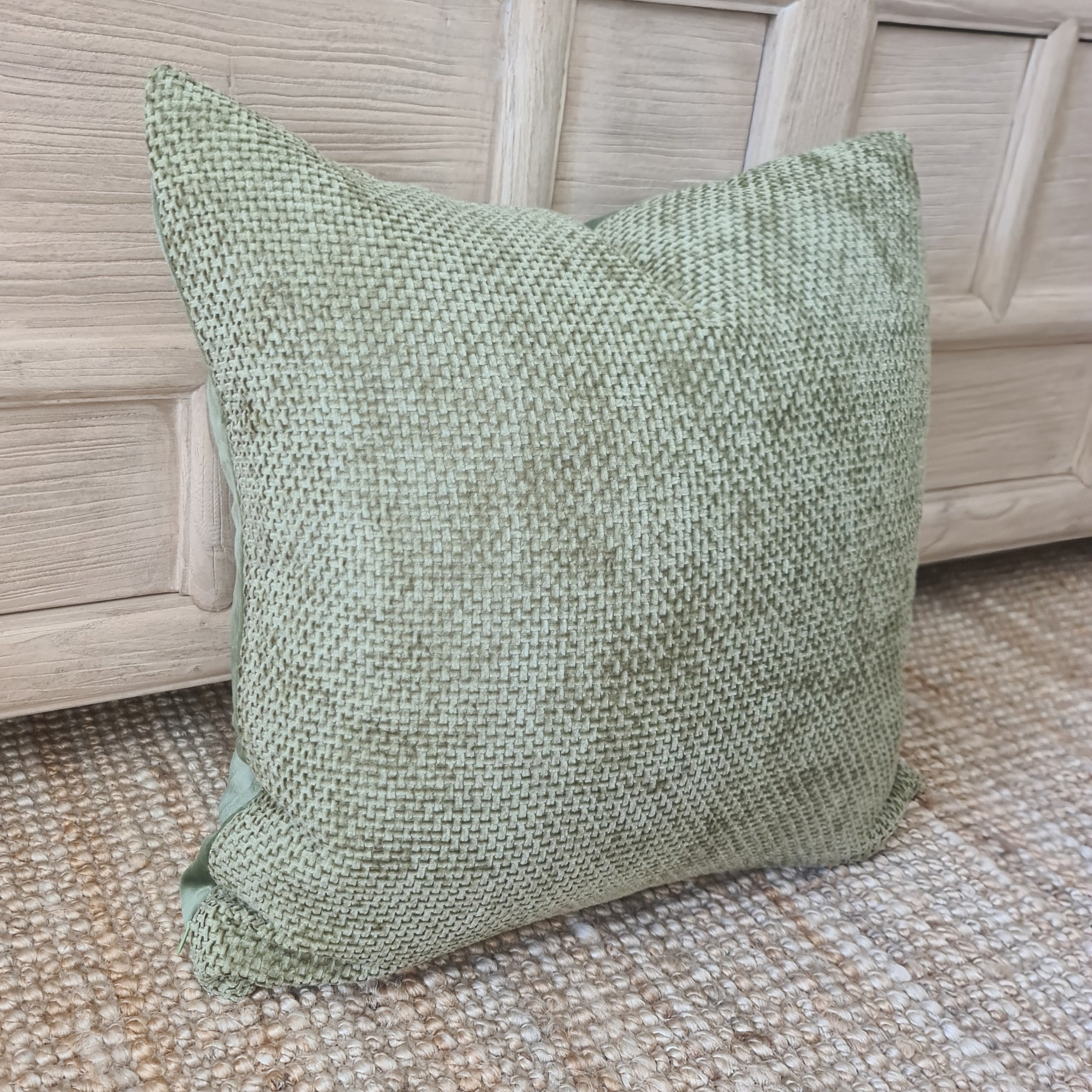 Sage Green Velvety Chenille Cushion Cover | Lattice