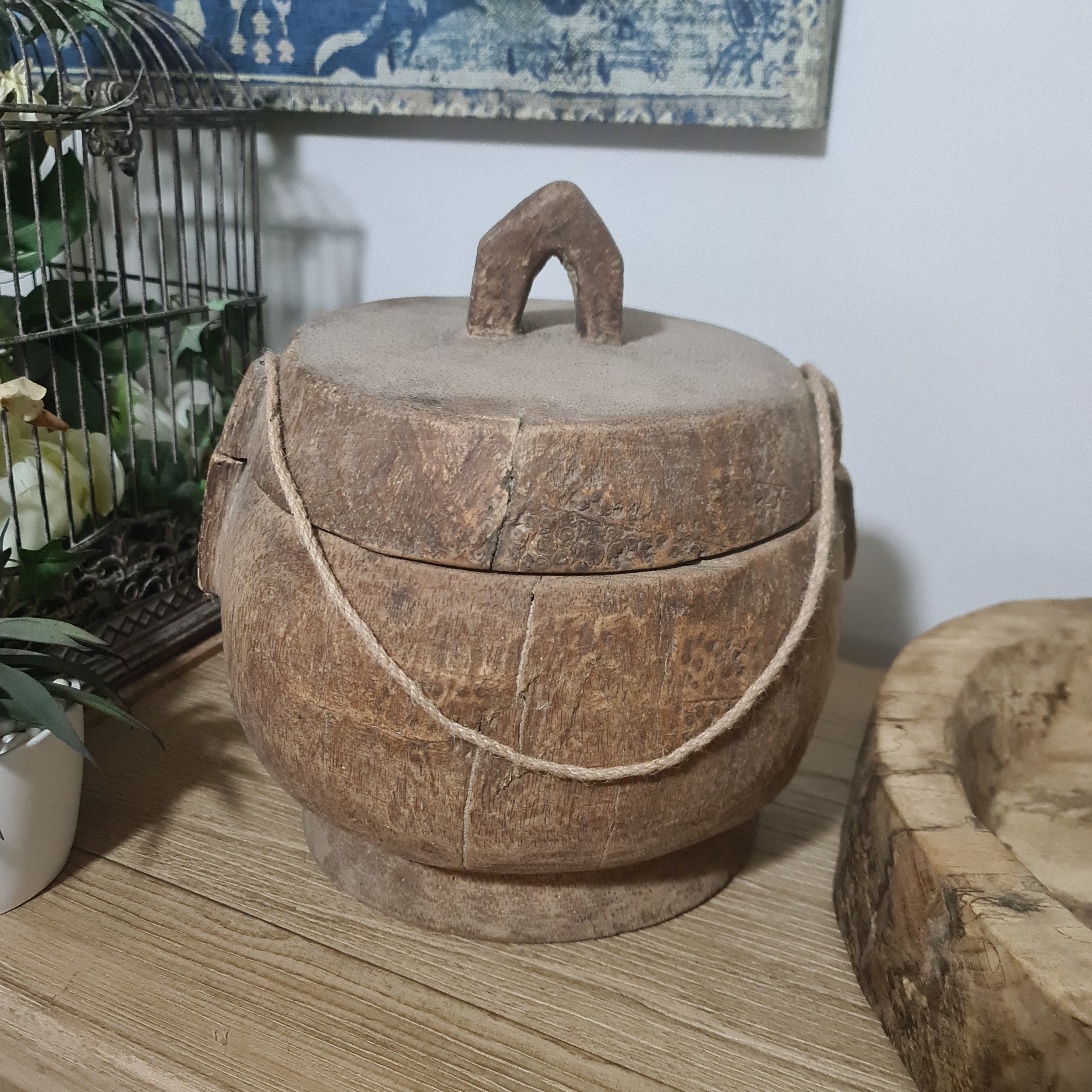 Antique Lidded Naga Wood Bowl | Wabi-Sabi Storage Vessel | Extra Large 28 x 26 x 31 cm