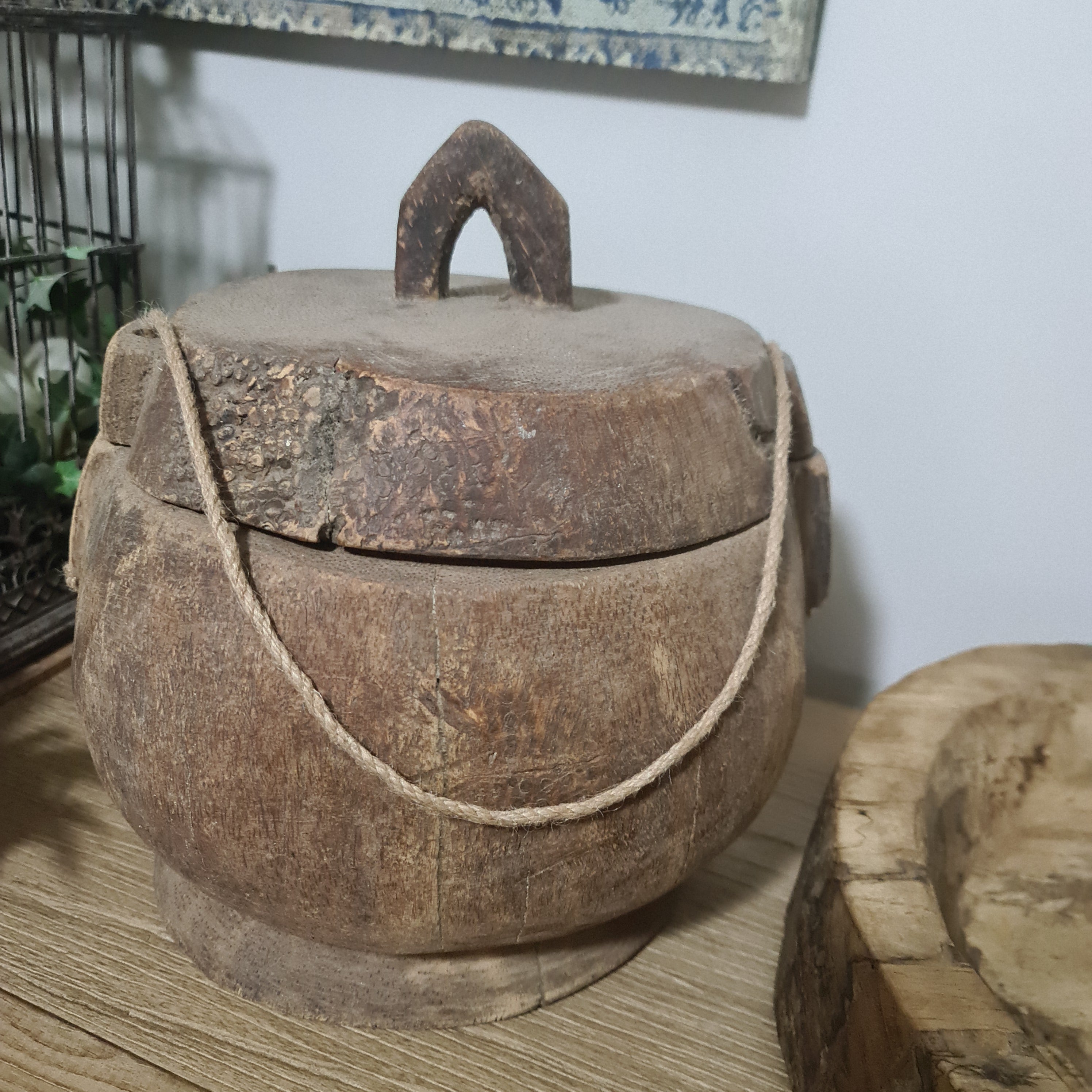 Antique Lidded Naga Wood Bowl | Wabi-Sabi Storage Vessel | Extra Large 28 x 26 x 31 cm