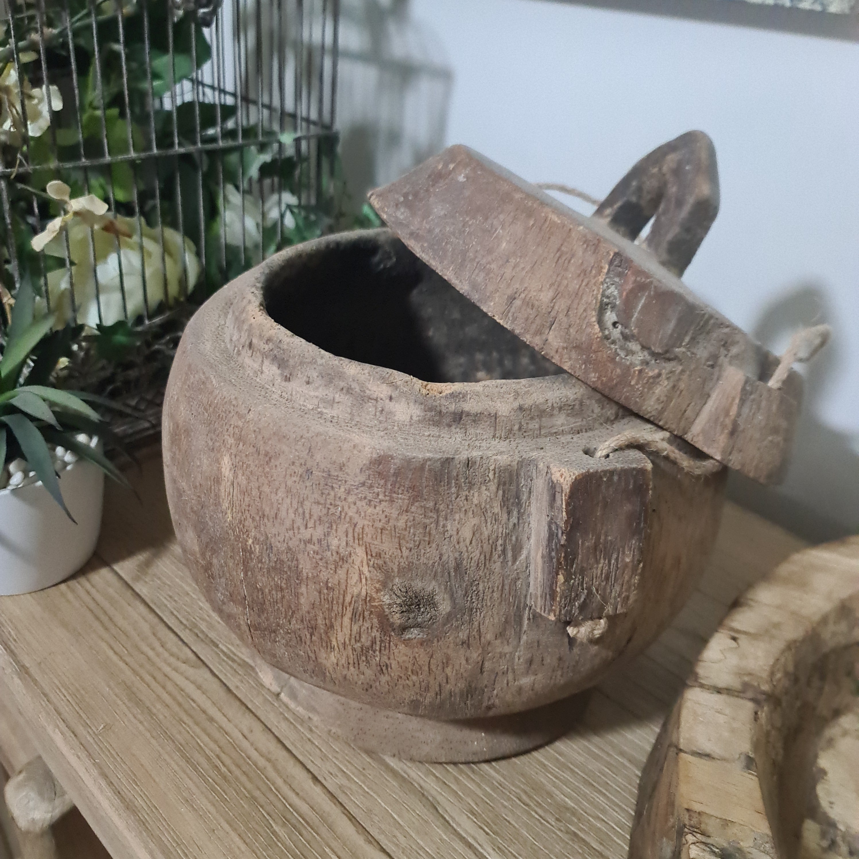 Antique Lidded Naga Wood Bowl | Wabi-Sabi Storage Vessel | Extra Large 28 x 26 x 31 cm