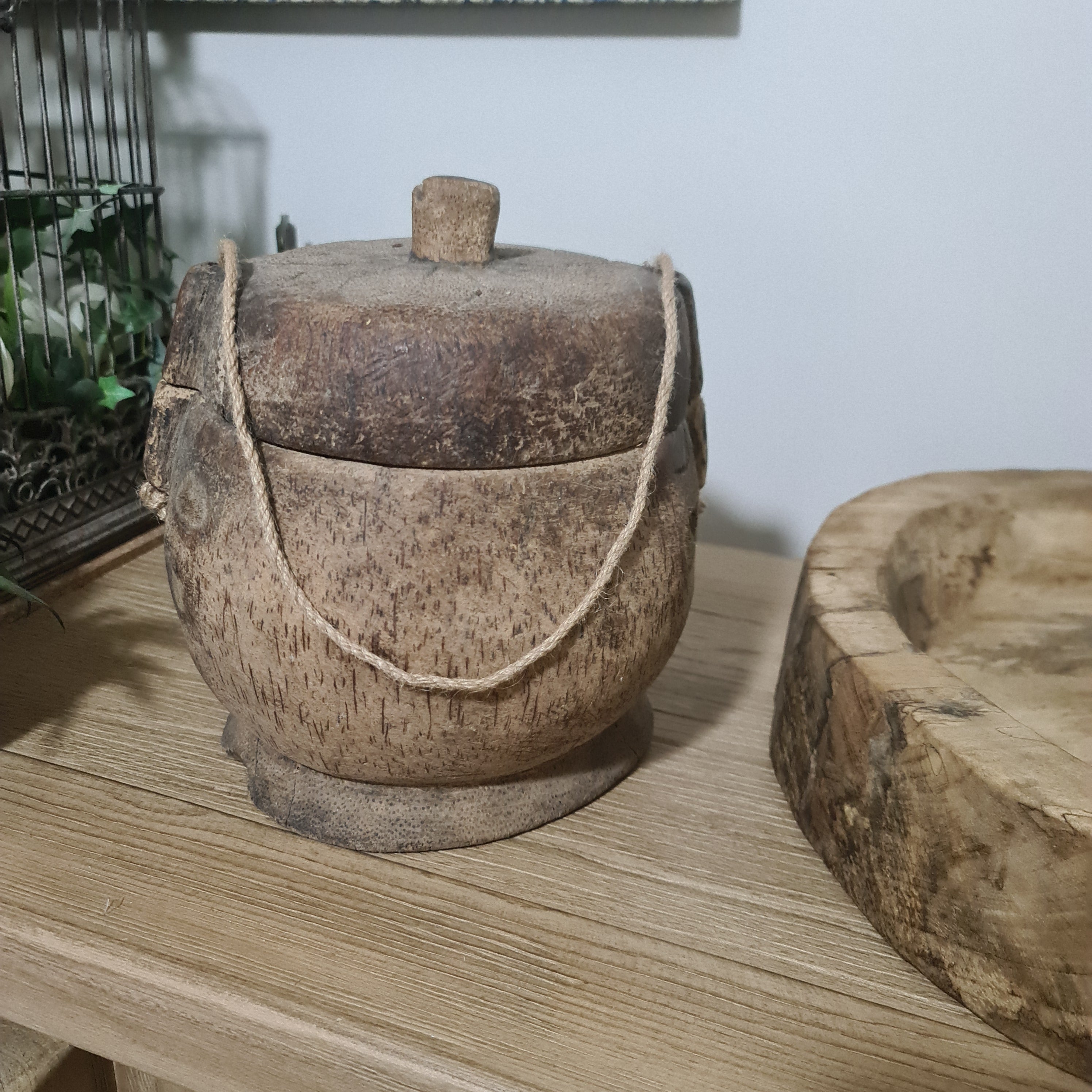 Antique Lidded Naga Wood Bowl | Wabi-Sabi Storage Vessel | Large 23 x 22 x 25cm