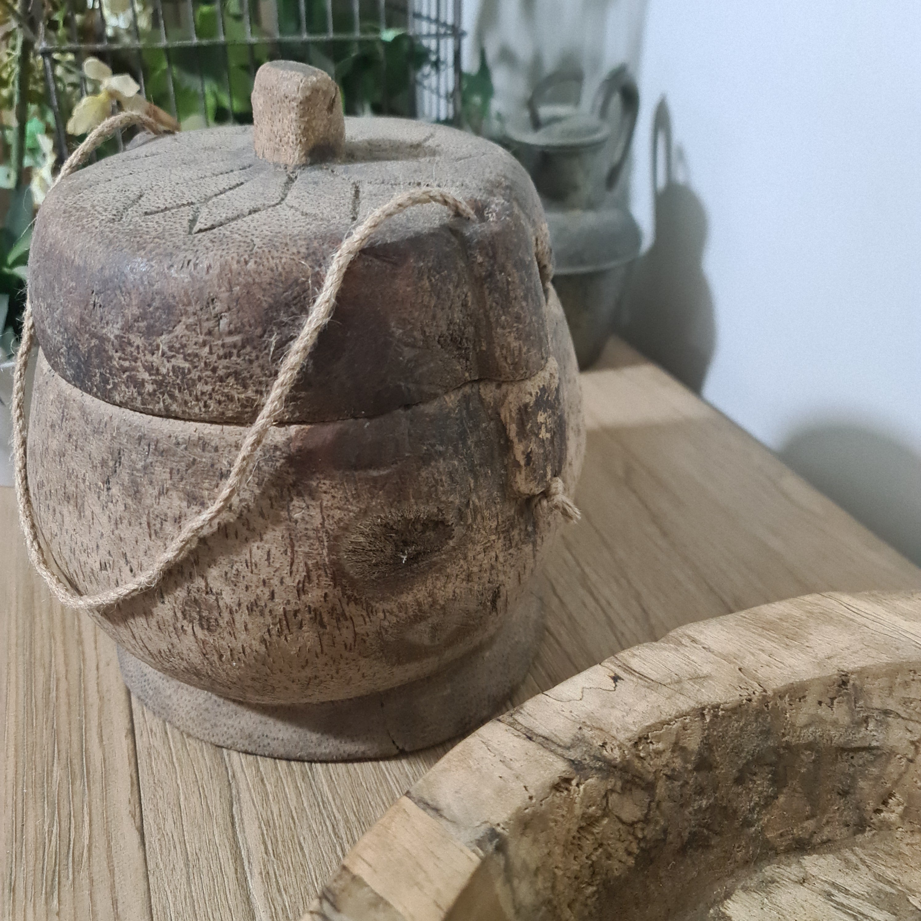 Antique Lidded Naga Wood Bowl | Wabi-Sabi Storage Vessel | Large 23 x 22 x 25cm