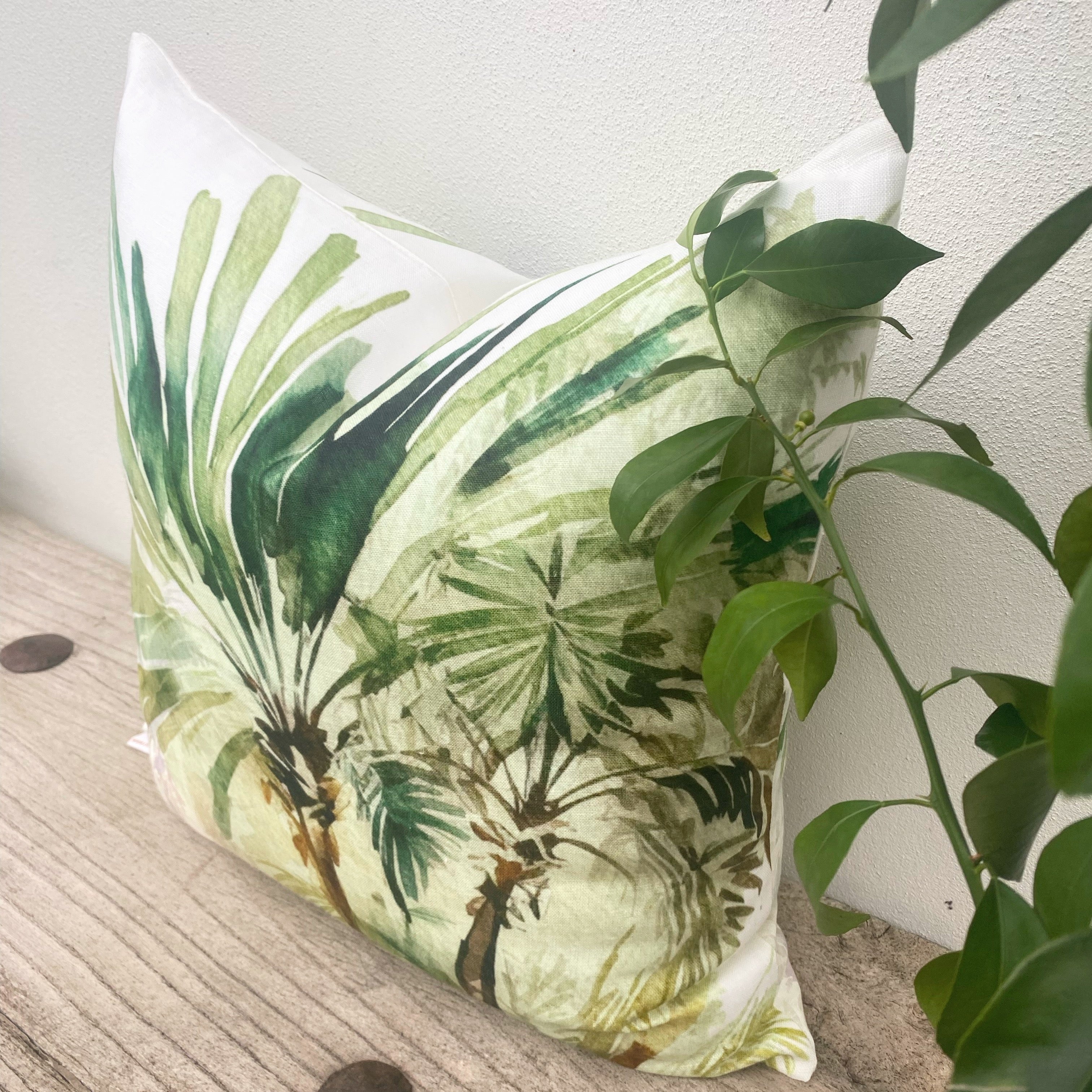 Set of 3 Green Linen Tropical Palm Cushion Covers| Bahamas-Revived Artisan Eco Home Decor