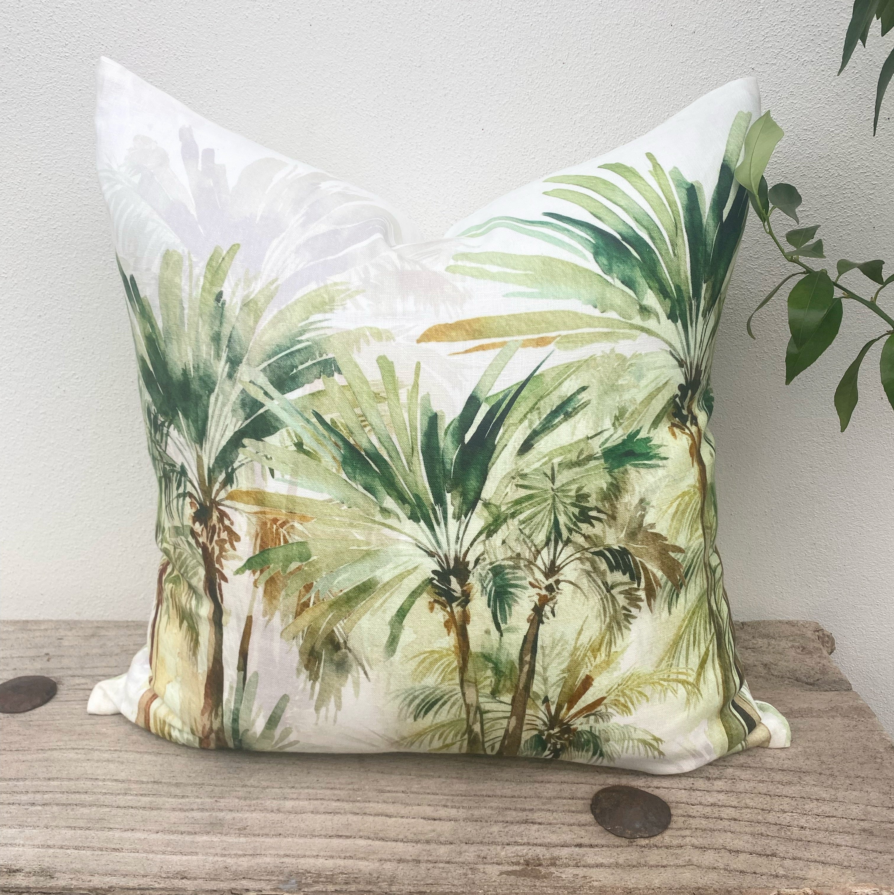 Set of 3 Green Linen Tropical Palm Cushion Covers| Bahamas-Revived Artisan Eco Home Decor