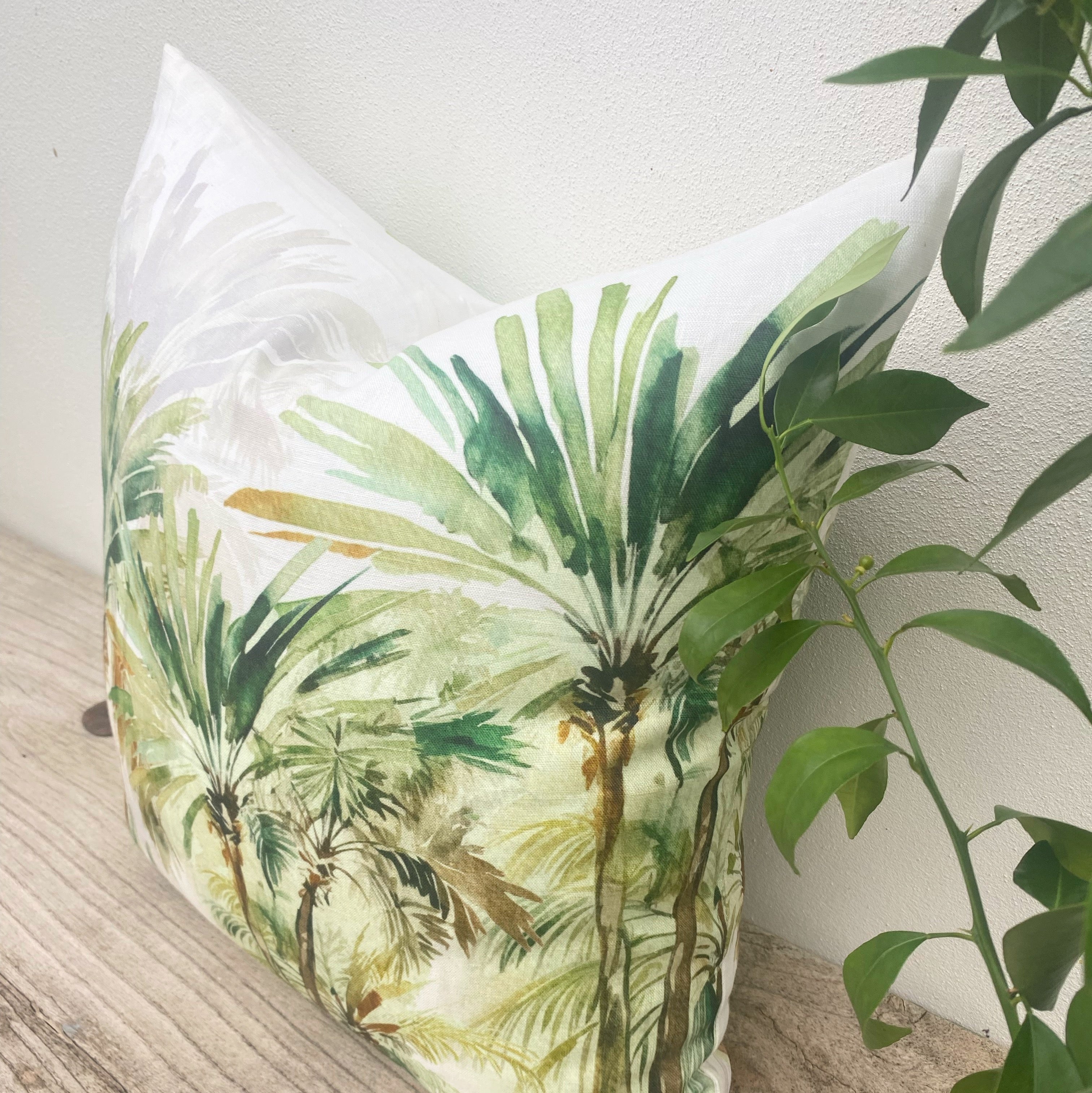 Set of 3 Green Linen Tropical Palm Cushion Covers| Bahamas-Revived Artisan Eco Home Decor