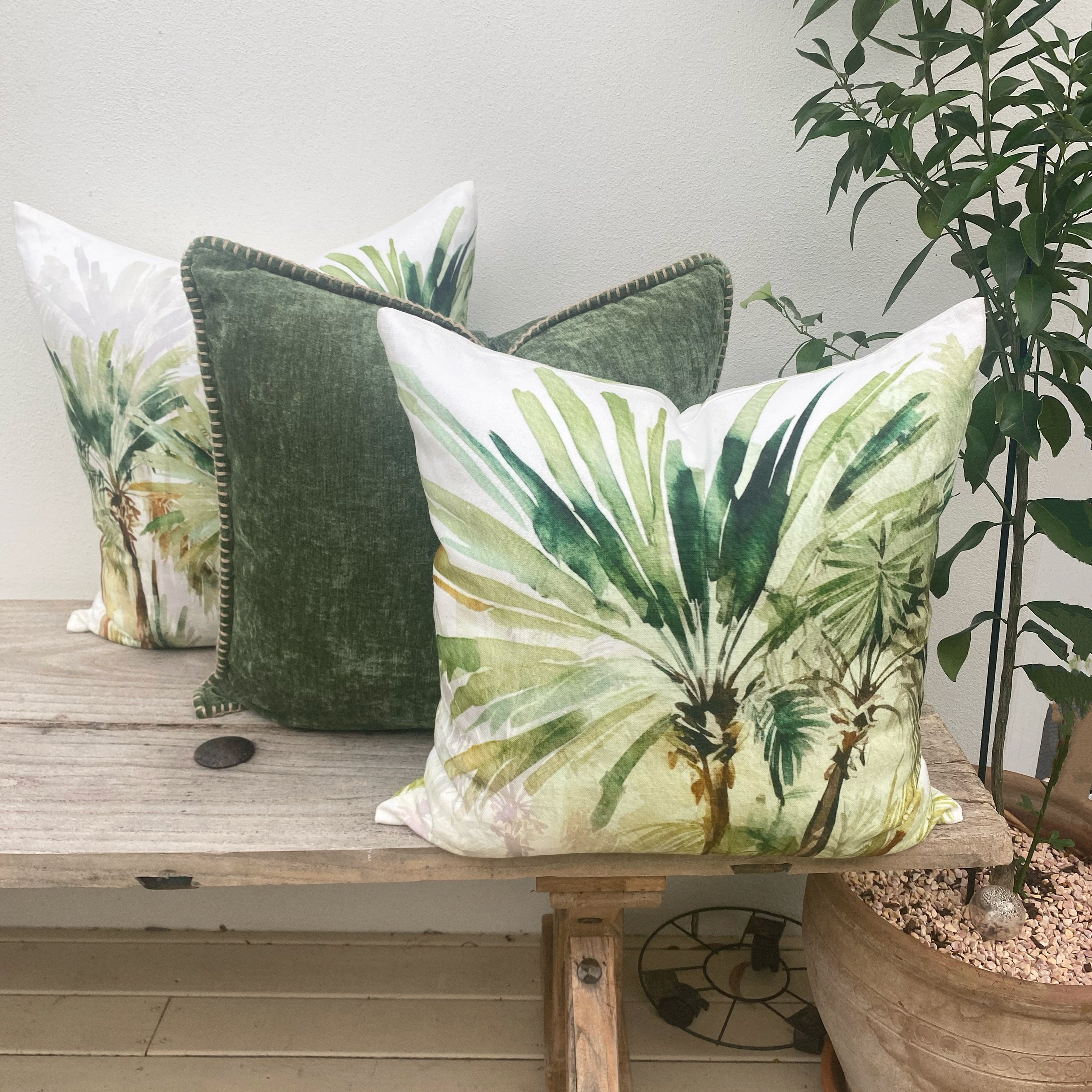Set of 3 Green Linen Tropical Palm Cushion Covers| Bahamas-Revived Artisan Eco Home Decor