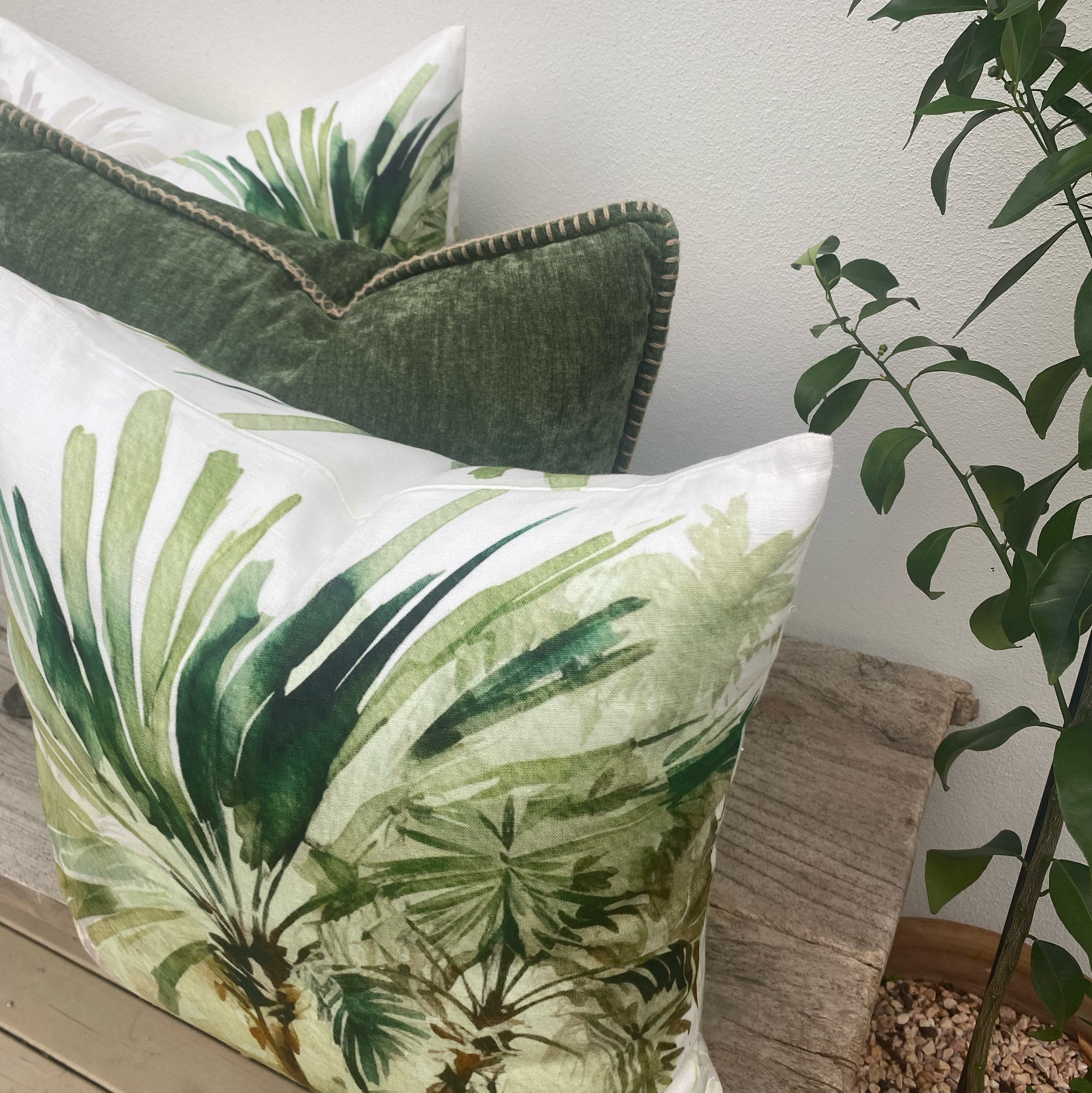 Set of 3 Green Linen Tropical Palm Cushion Covers| Bahamas-Revived Artisan Eco Home Decor