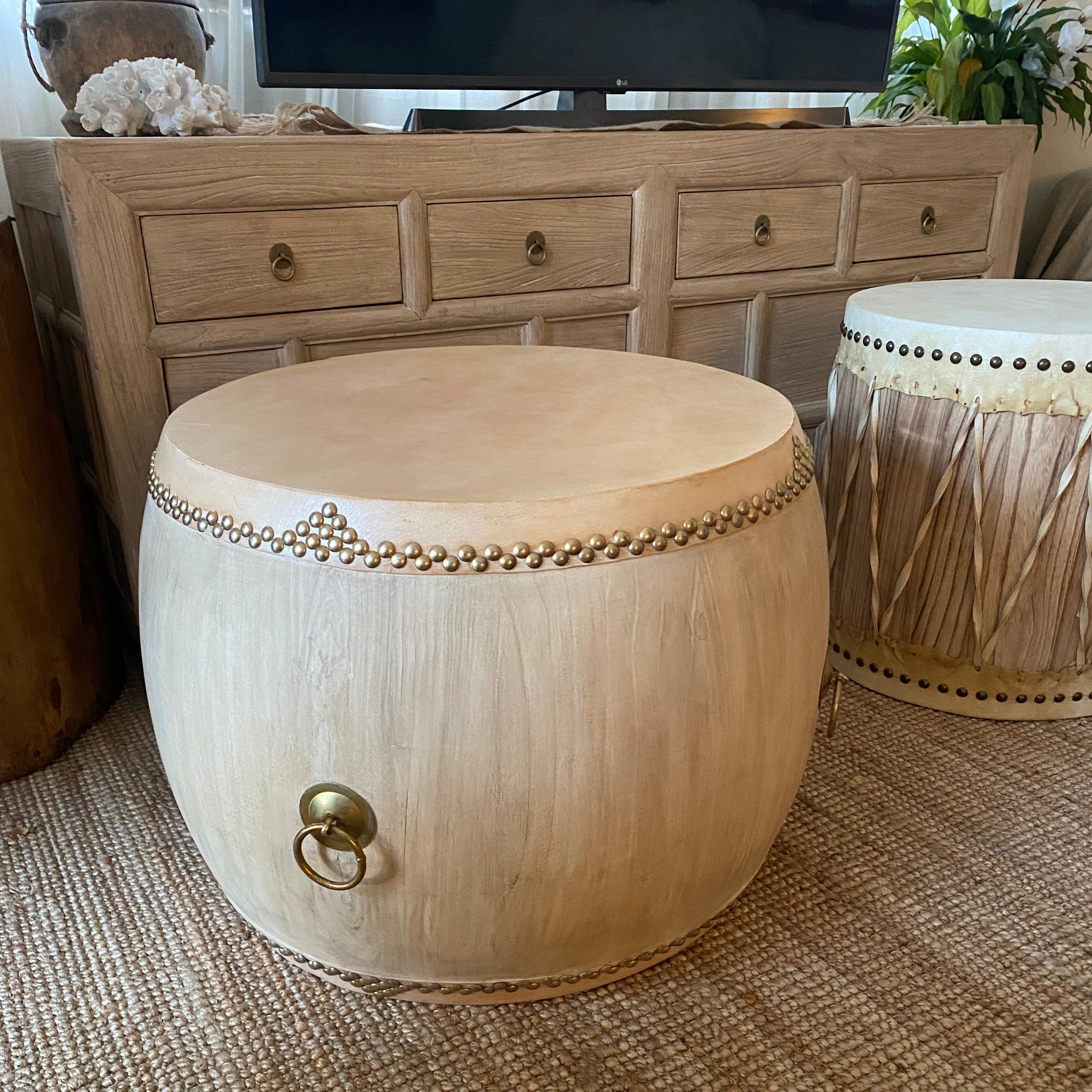 Reclaimed Elm & Leather Large Drum Side Table - 70 x 70 cm - Davu