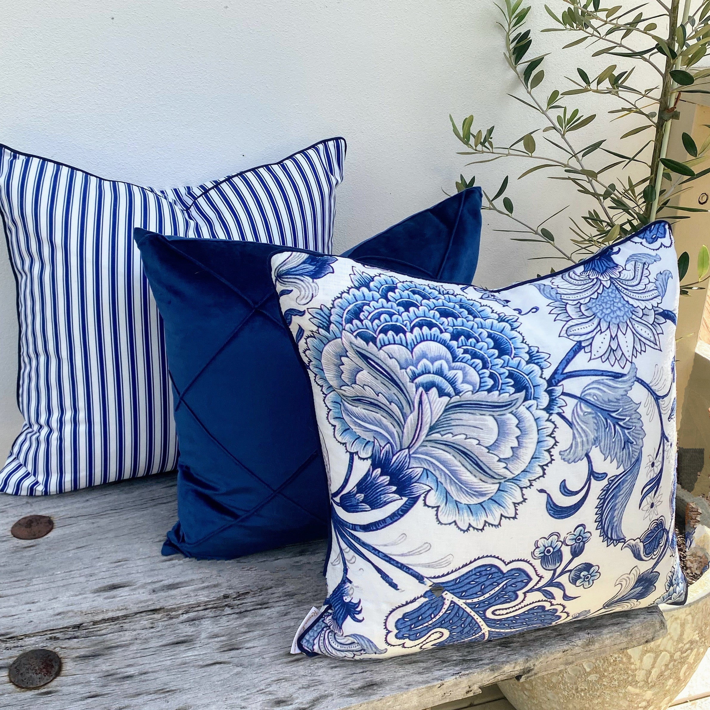 Set of 3 Hamptons Blue White Floral Pin Stripe Cushions - Portsea Ocean