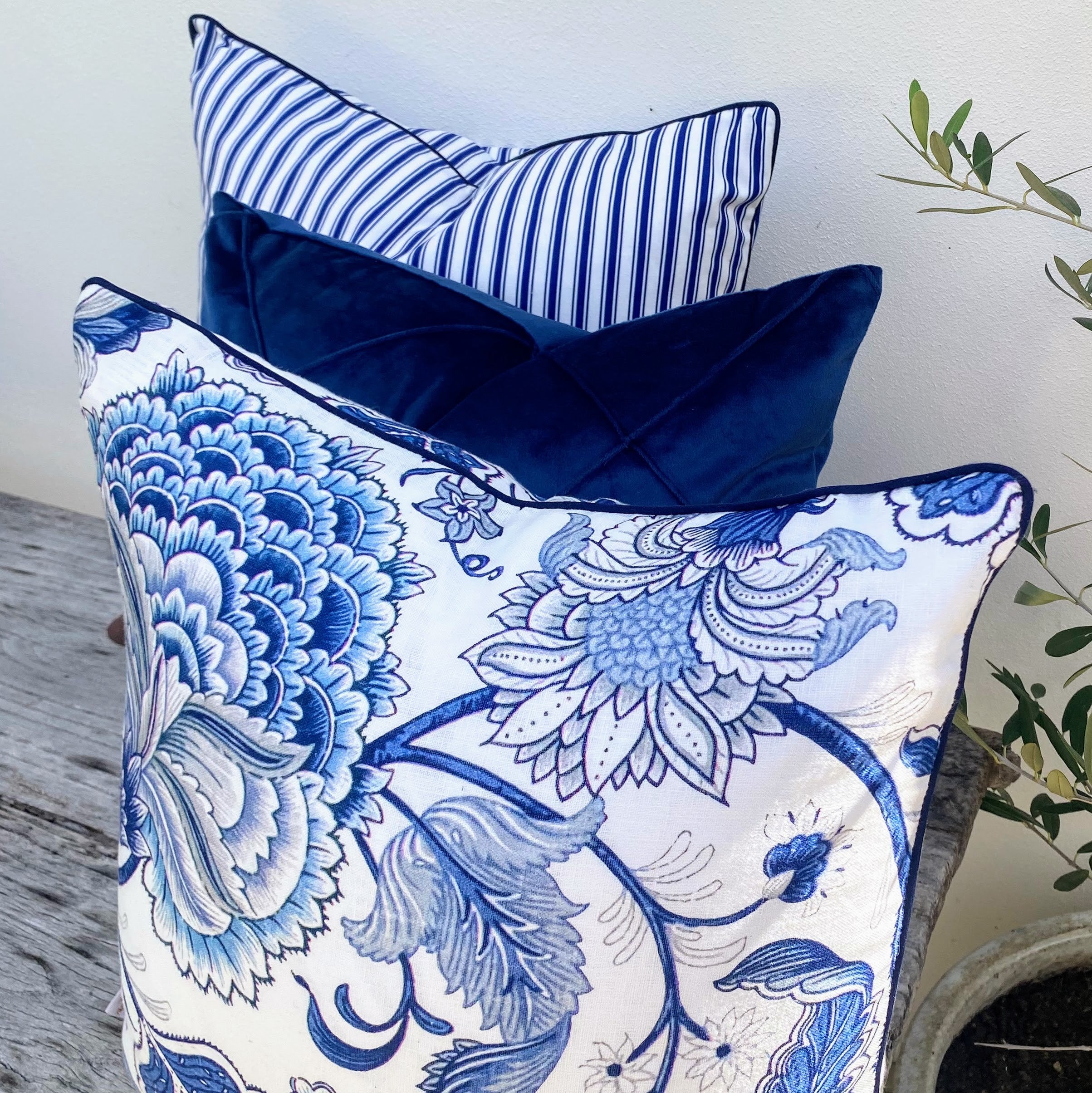 Set of 3 Hamptons Blue White Floral Pin Stripe Cushions - Portsea Ocean