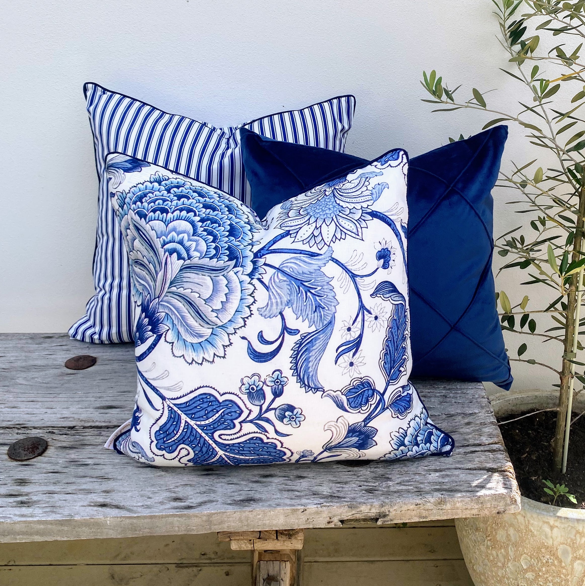 Set of 3 Hamptons Blue White Floral Pin Stripe Cushions - Portsea Ocean