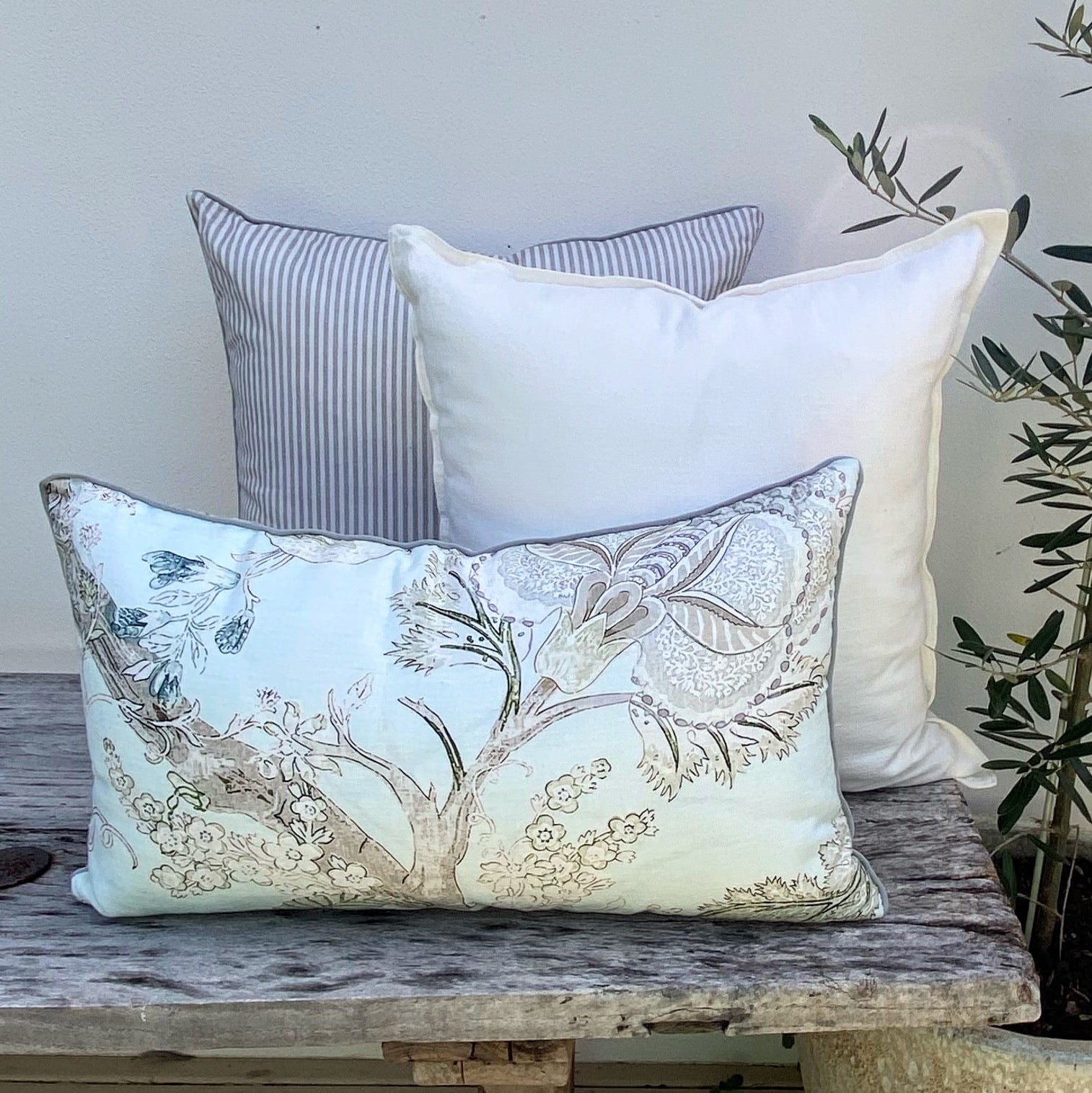 Set of 3 Floral French Linen Cushions - Duck Egg Blue - Enchanted Grey Striped Naia