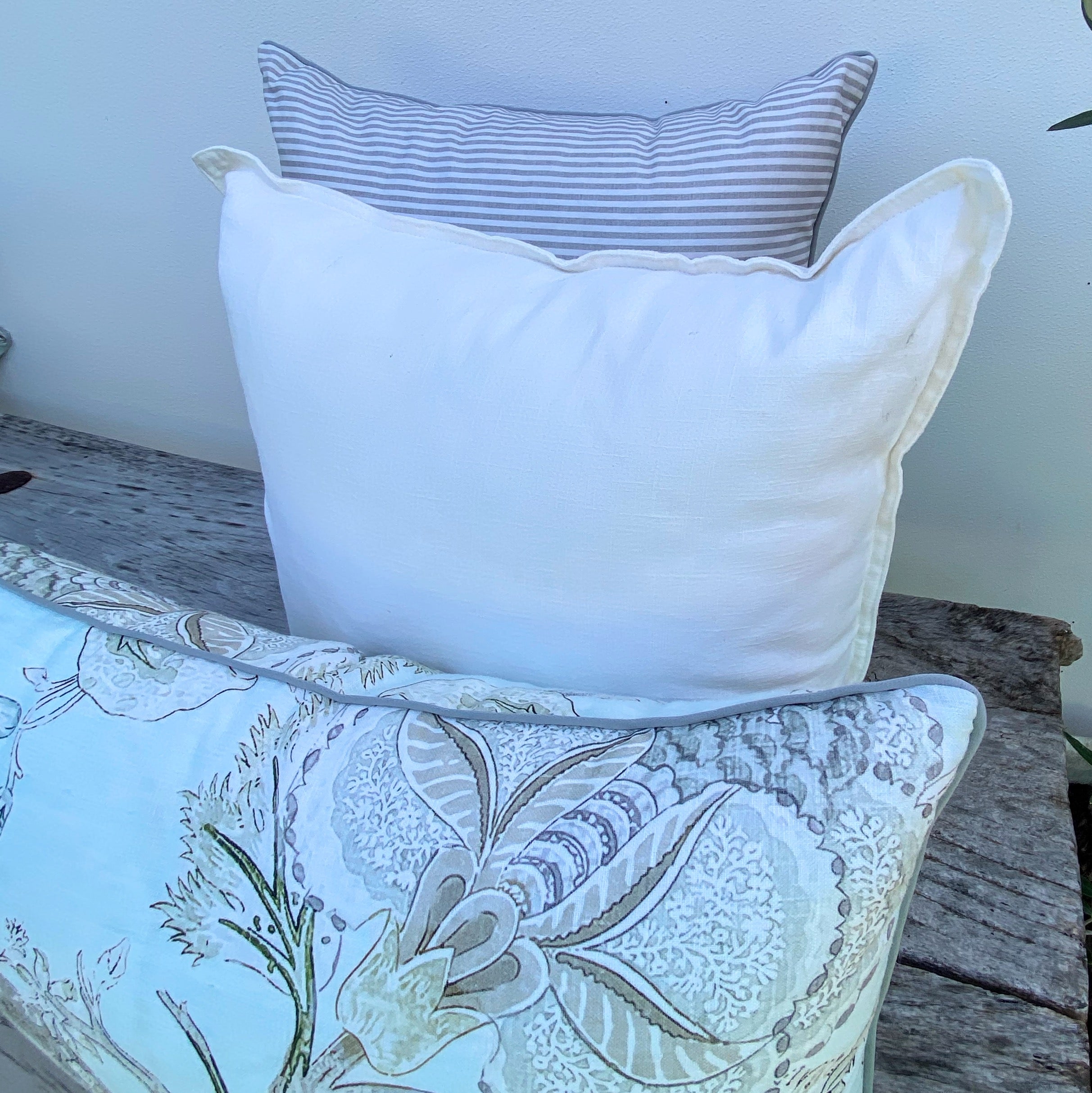 Set of 3 Floral French Linen Cushions - Duck Egg Blue - Enchanted Grey Striped Naia