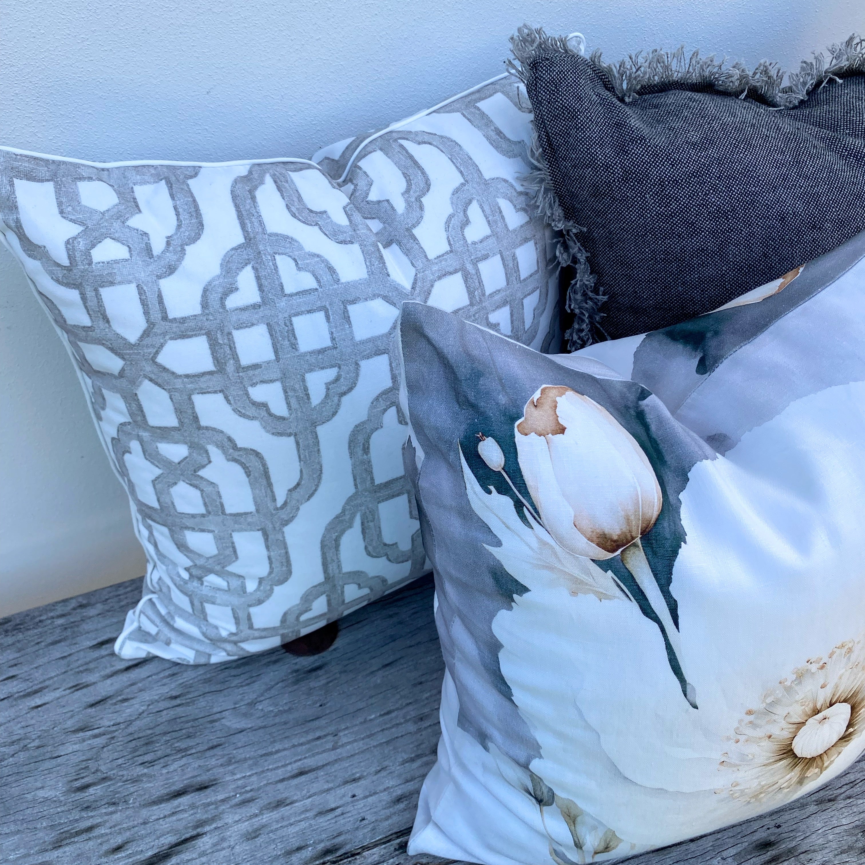 Linen Floral Cushion Covers | Grey - Peony