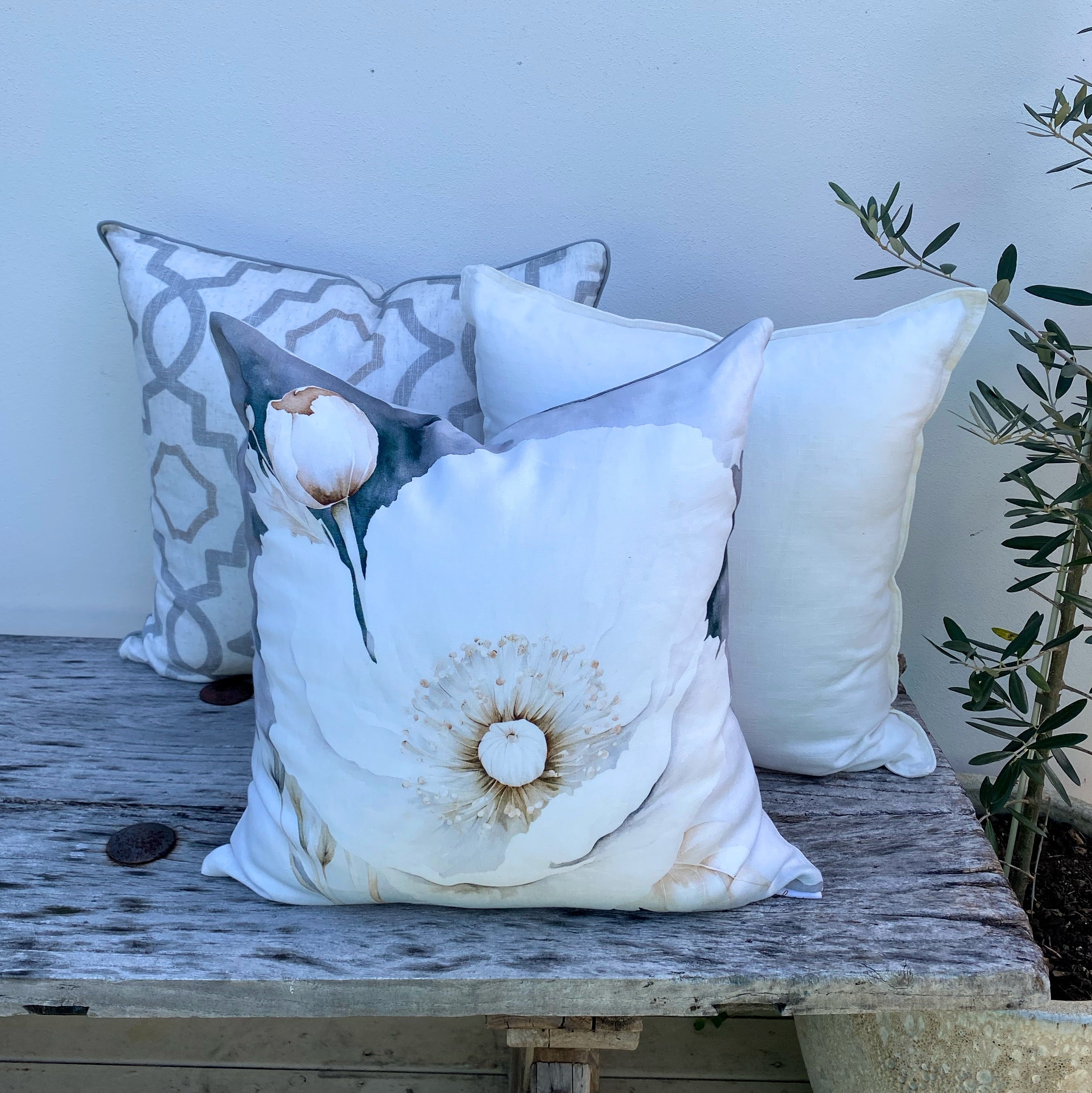 Linen Floral Cushion Covers | Grey - Peony