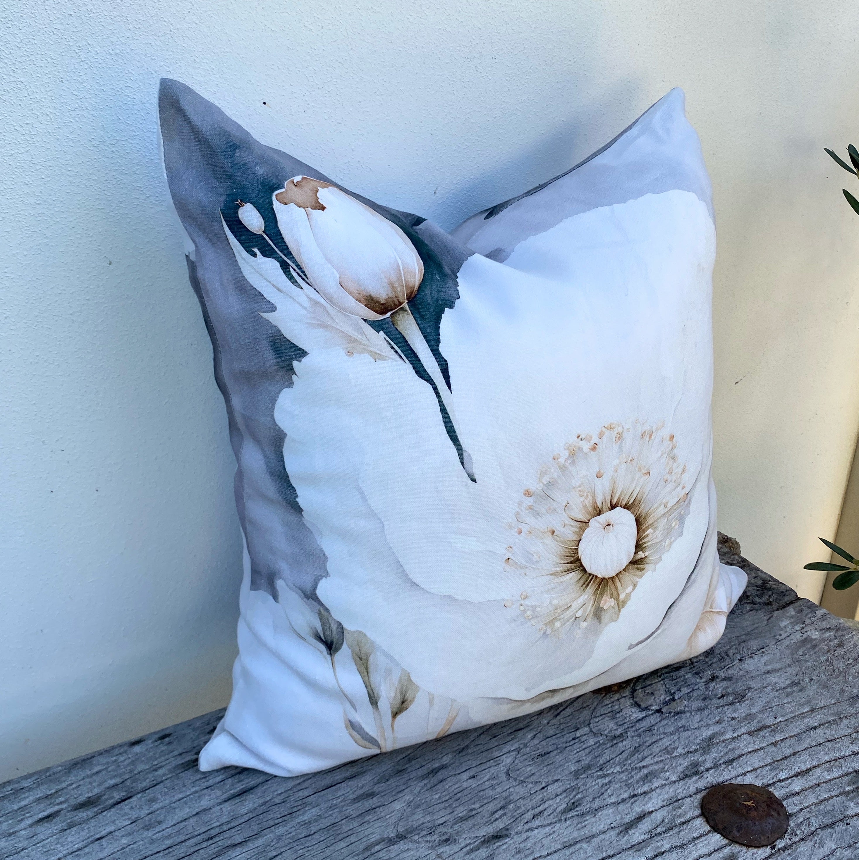 Linen Floral Cushion Covers | Grey - Peony