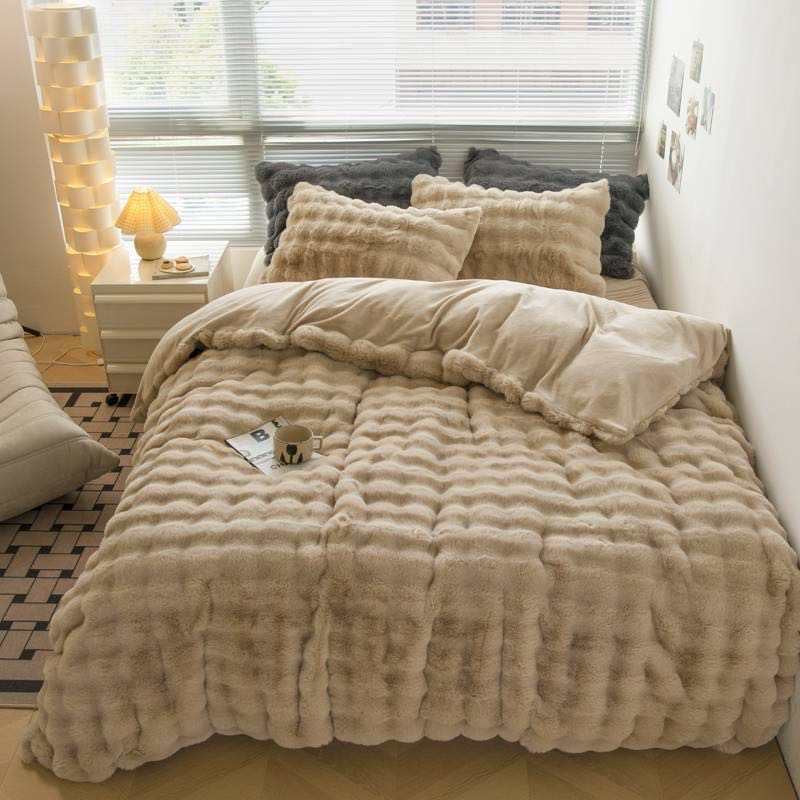 Faux Fur Queen Size Duvet Cover Set 4 Piece | Elysian Camel/Tan