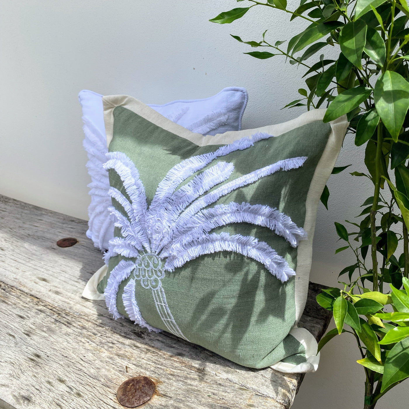 Avocado Green Cushion with Palm Tree Design for a Beachy Charm