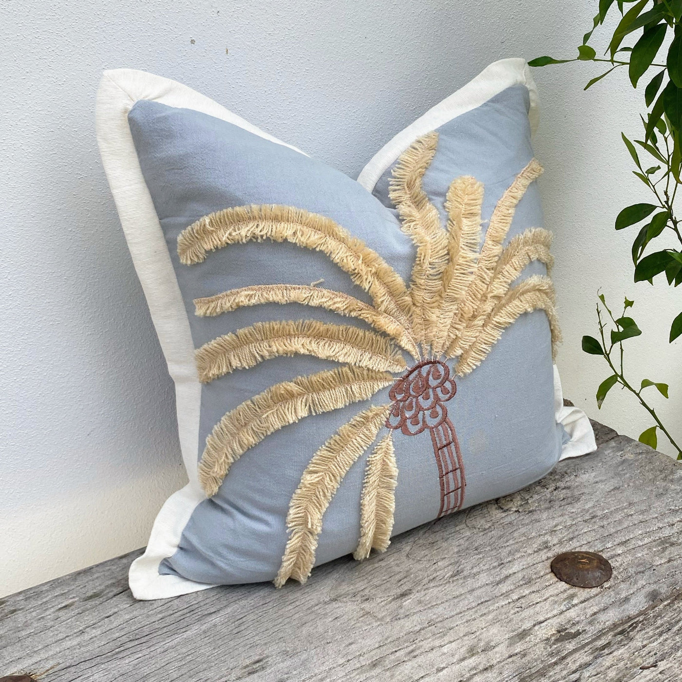 Dusty Blue Cushion Cover with Tropical Palm Tree