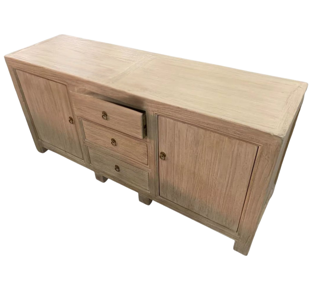 Farmhouse elm furniture with distressed blonde timber finish, best for coastal interior setting