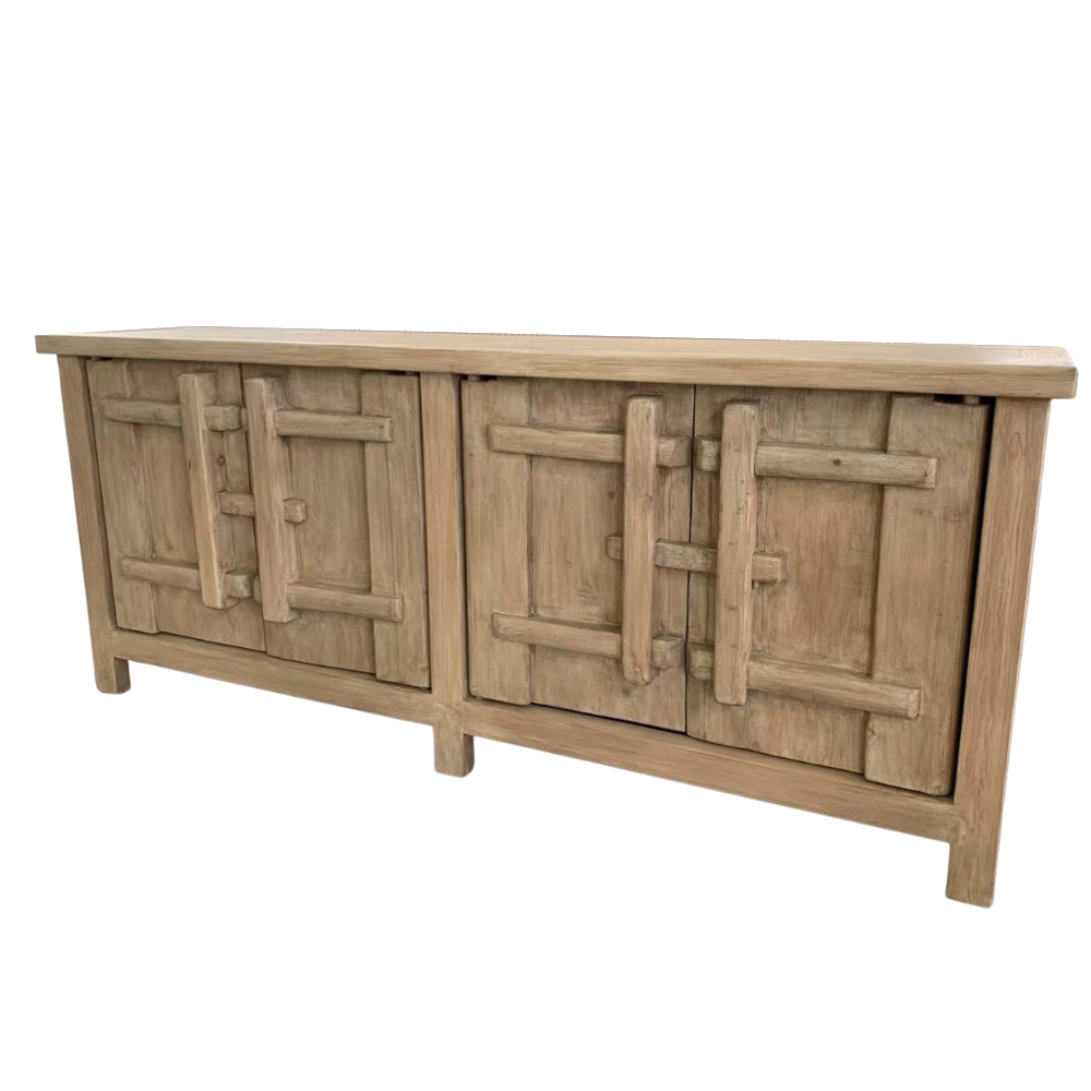 Four door buffet cabinet with rustic texture for sustainable home decor