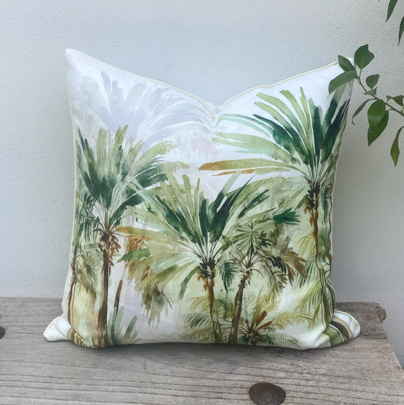 French Linen Green and Beige Tropical Palm Cushion Covers| Bahamas-Revived Artisan Eco Home Decor