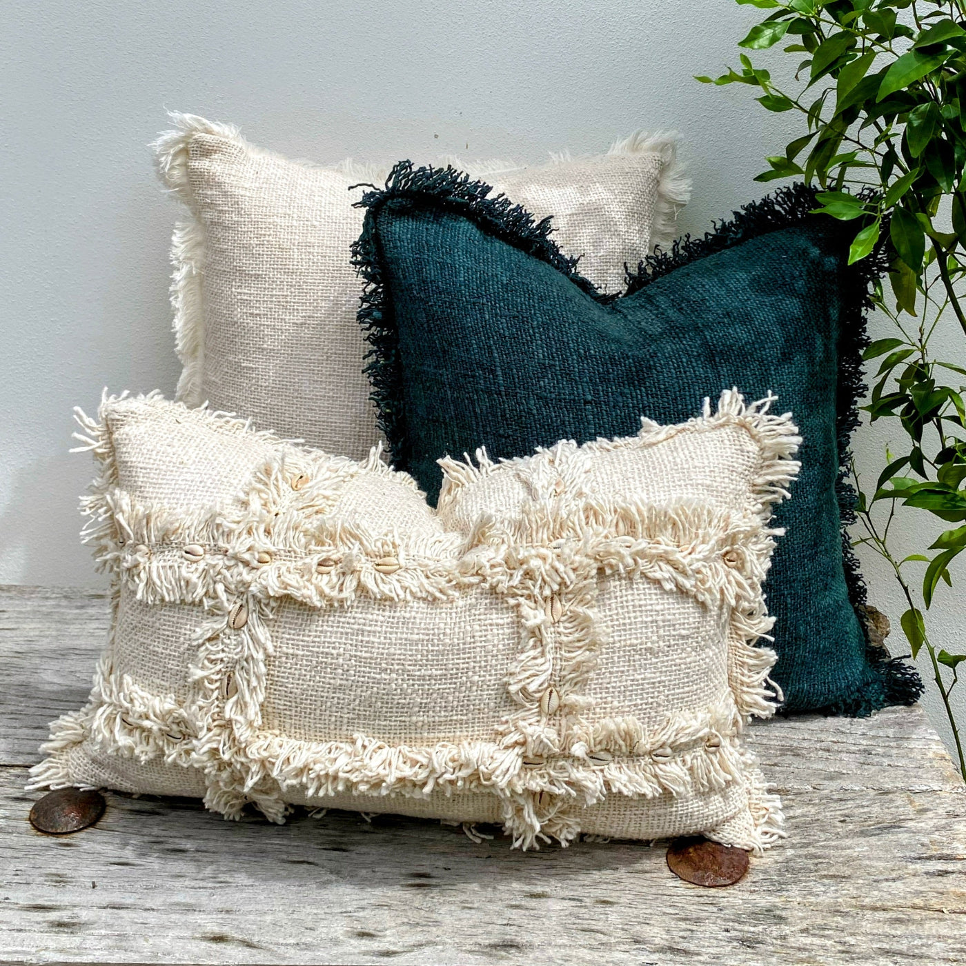 Green and Beige Cowrie Shells Cushion Cover Set for Boho Decor