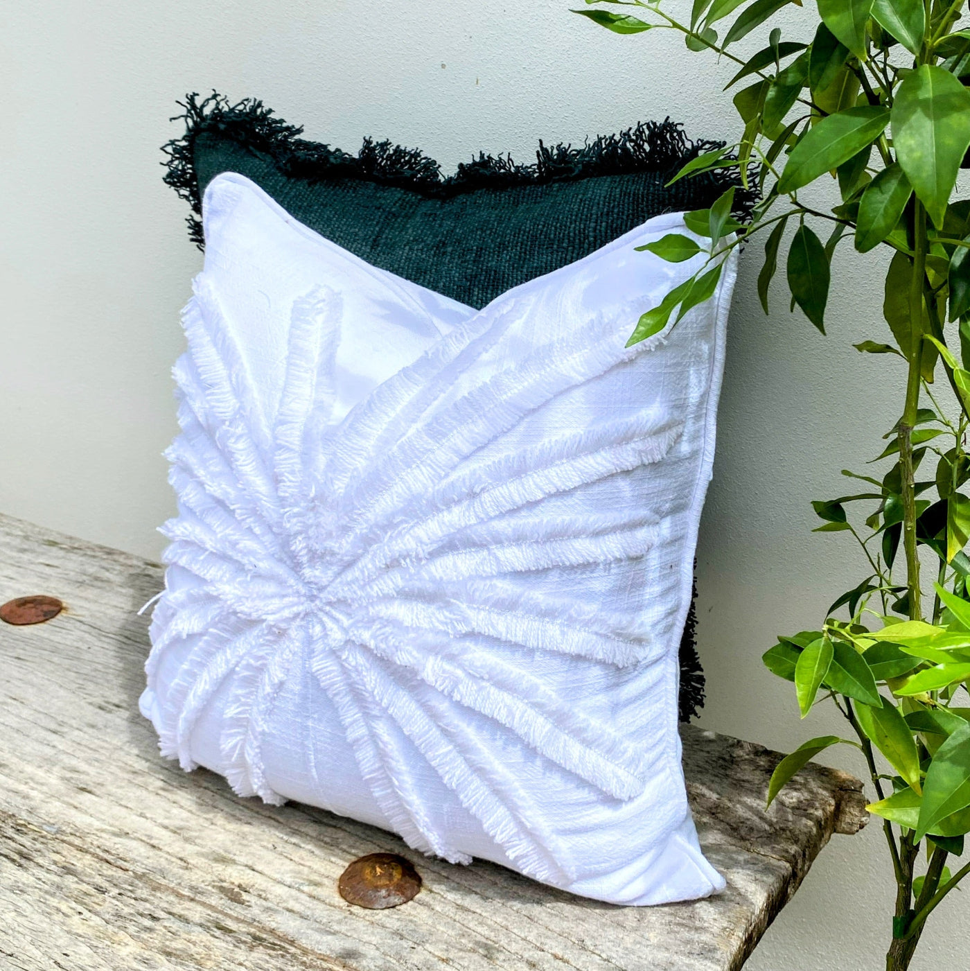 Green and White Cushion Set at Revived Artisan Eco Home Decor