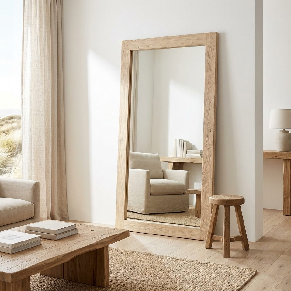 Handmade large mirror made of recycled elm wood - 90 x 180 cm