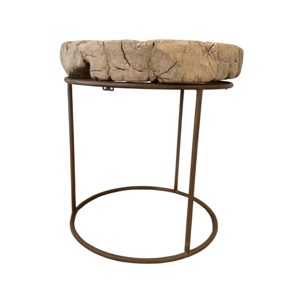 Handmade wooden side table with minimalist reclaimed timber tri-leg base