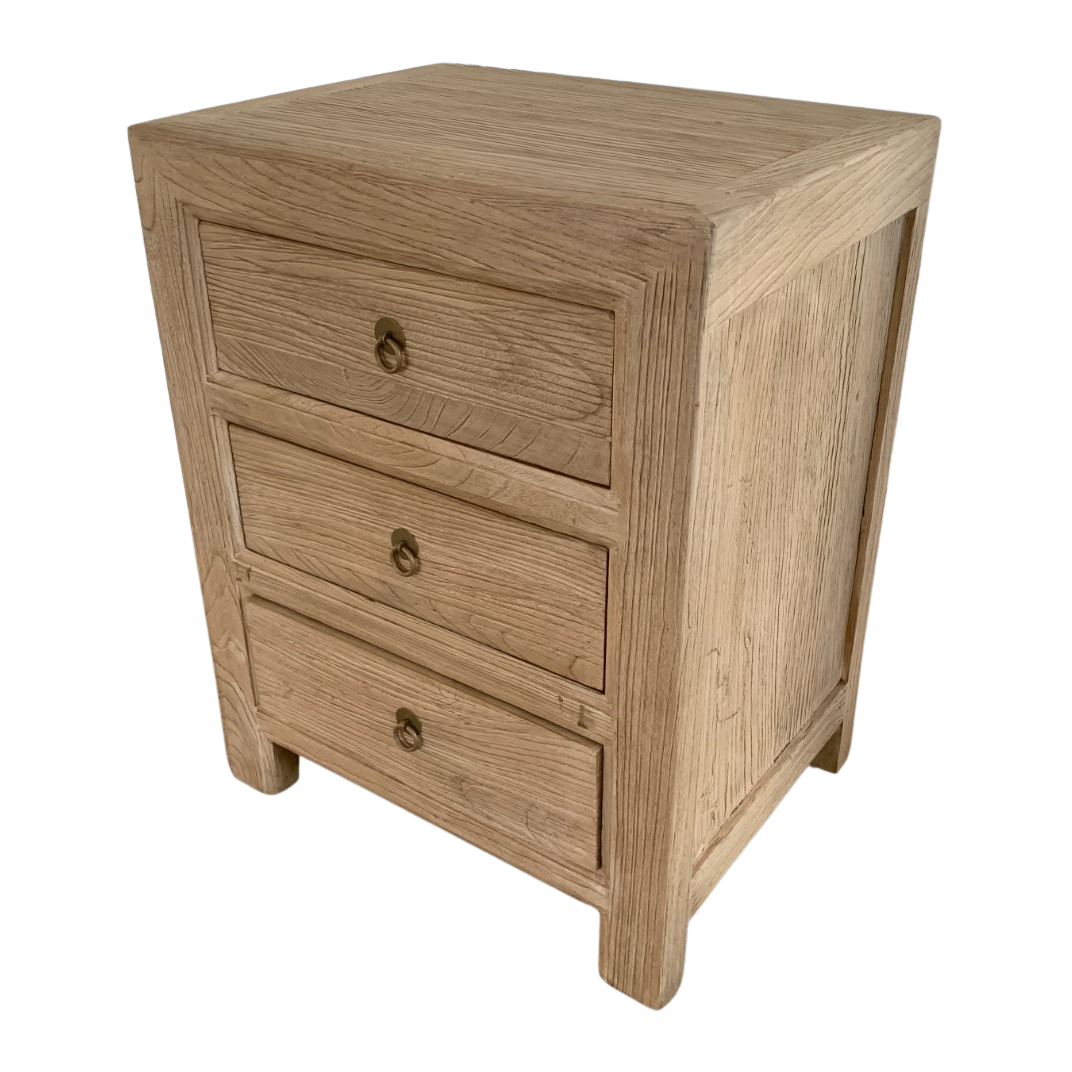 Industrial reclaimed wood small bedside table with three spacious drawers