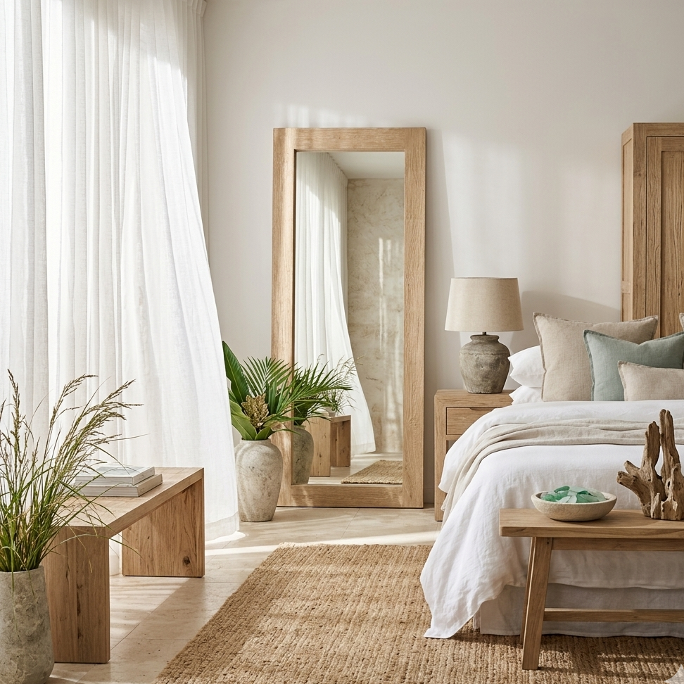 Large mirror with light-blonde reclaimed elm frame, perfect for wabi sabi wood decor