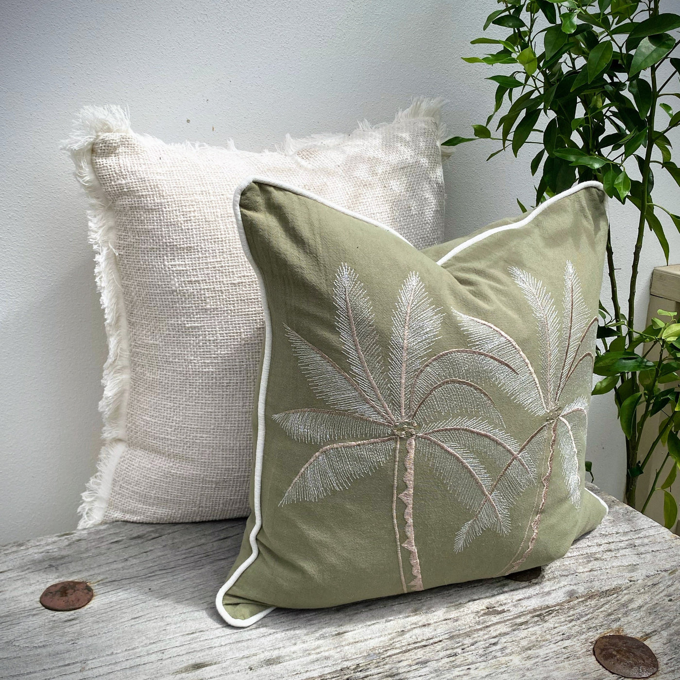 Palm tree cushion cover set online at Revived Artisan
