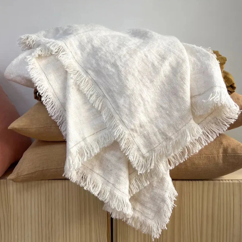 Pure French Linen Fringed White Throw Blanket