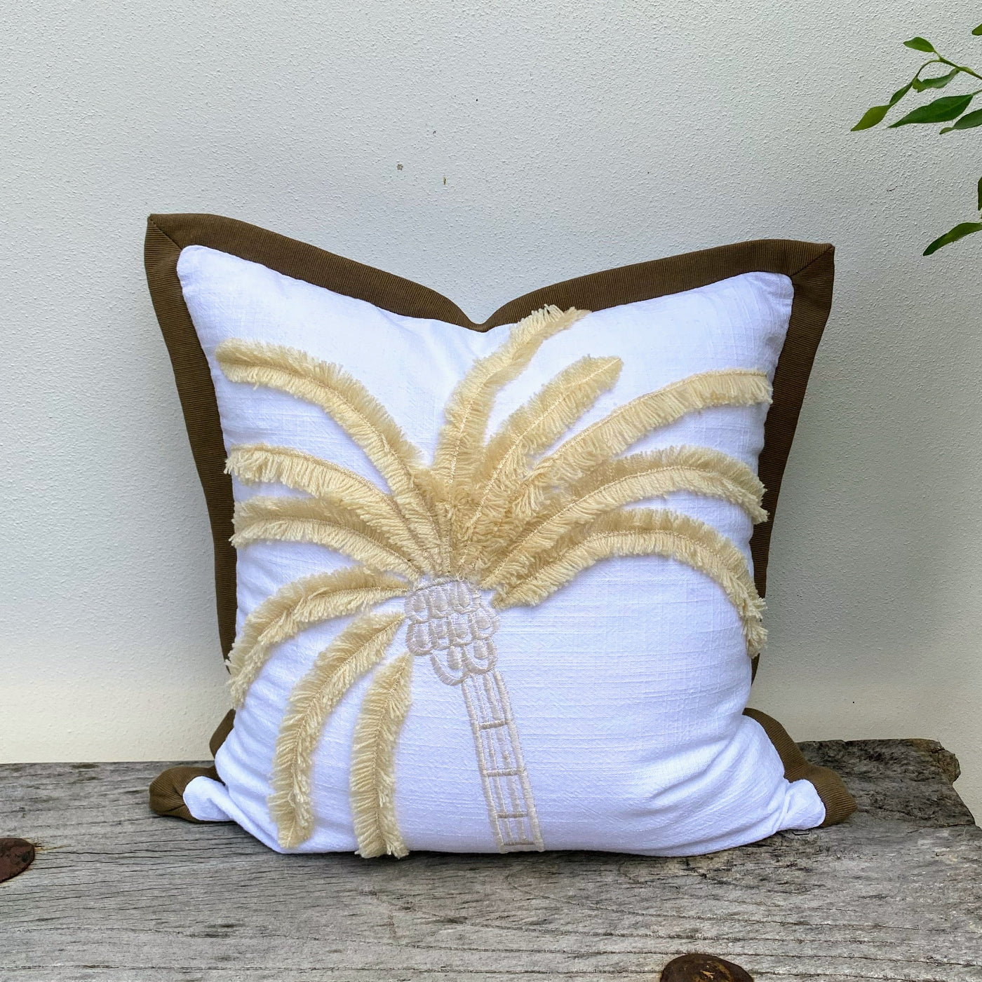 Pure White Cushion Cover with Elegant Plam Tree Design