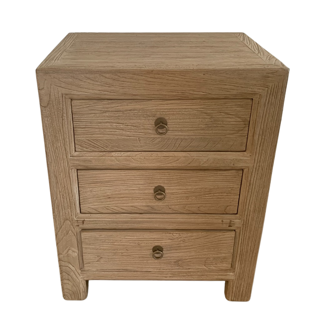 Reclaimed Natural Elm Wood 3-Drawer Bedside Table - 55 cm