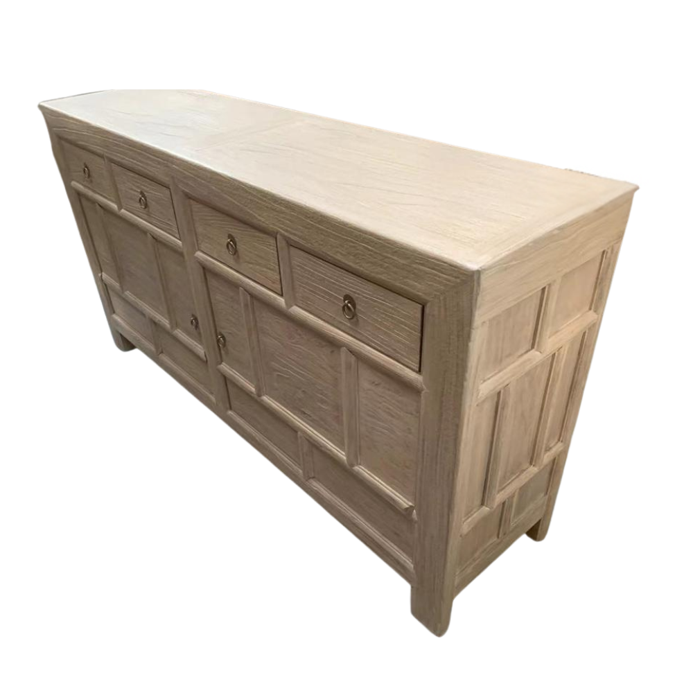 Ethically sourced reclaimed elm timber cabinet for minimalist coastal entryway