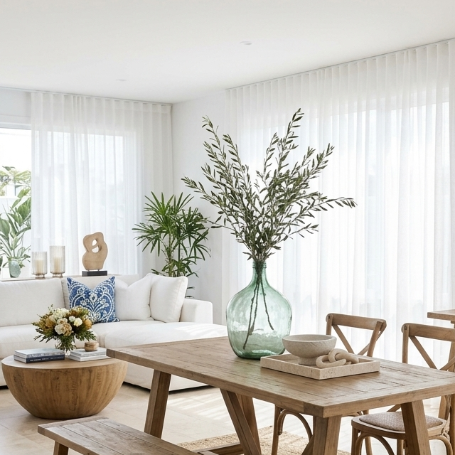 Reclaimed elm wood coffee table with natural grain texture styled in a modern coastal living room setting