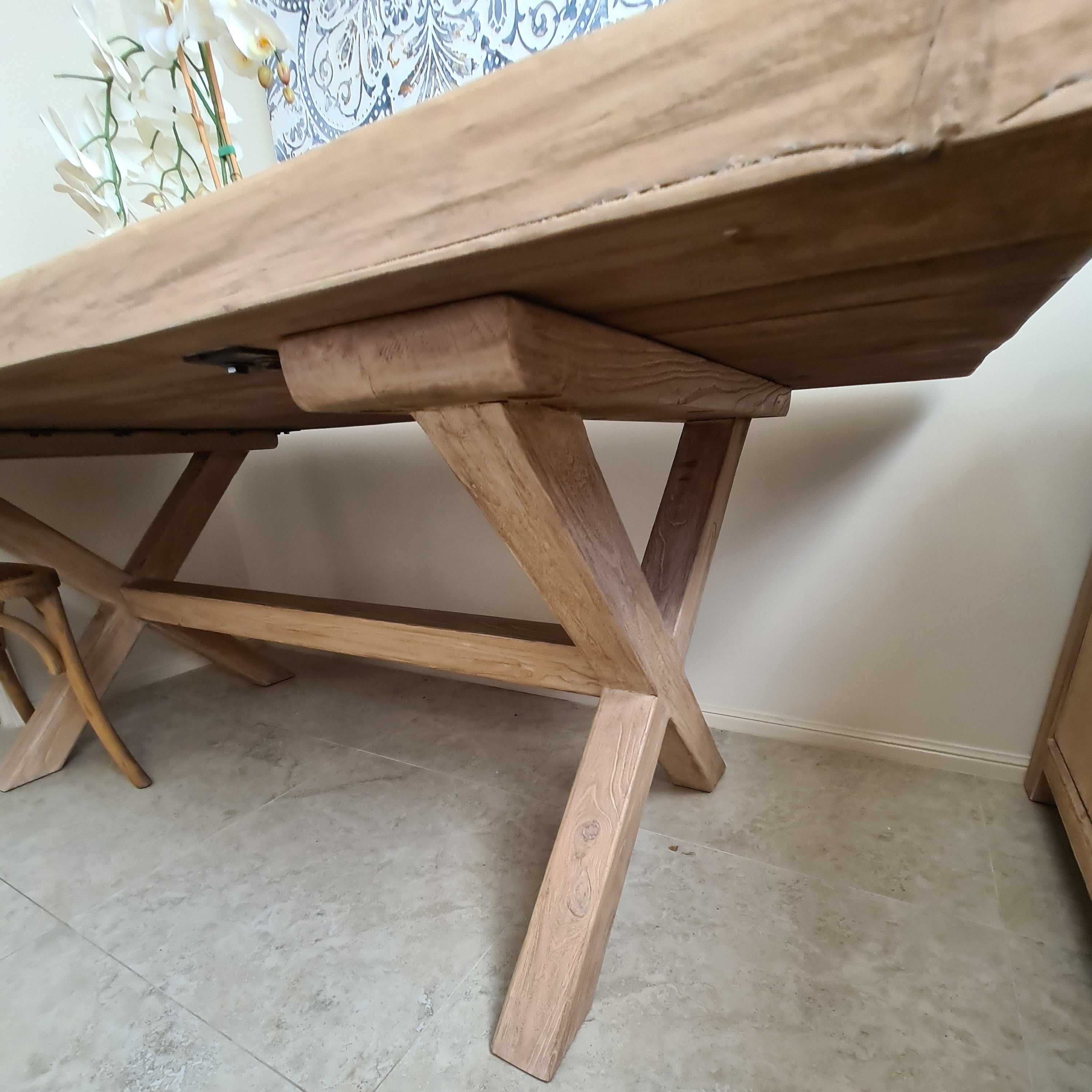 Reclaimed Elm Wood Large Cross Leg Dining Table for Modern Rustic Home Decor