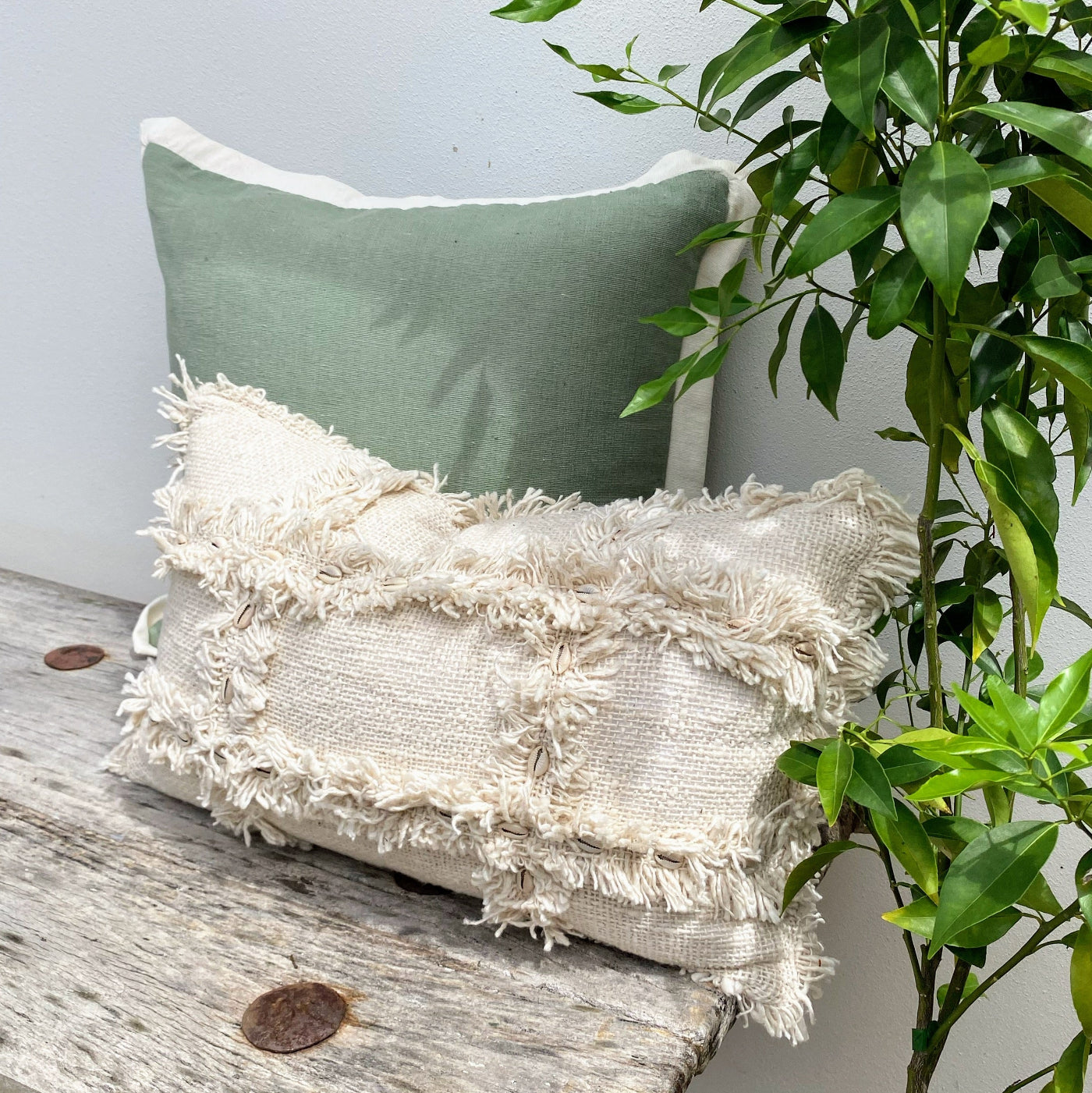 Rectangle Cushion Cover Set with Elegant Fringed Edges and Cowrie Shells