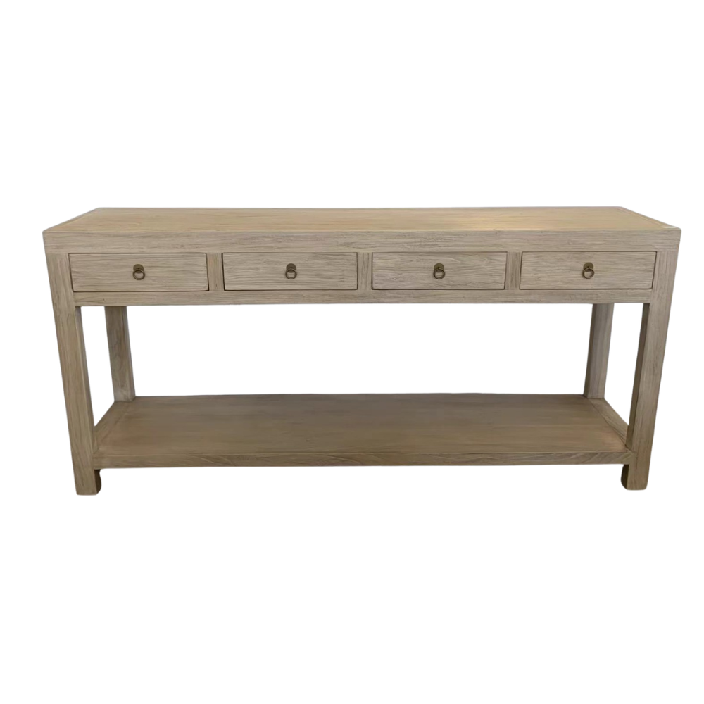 Recycled timber 4 drawer hall table with antique brass ring-pull hardware