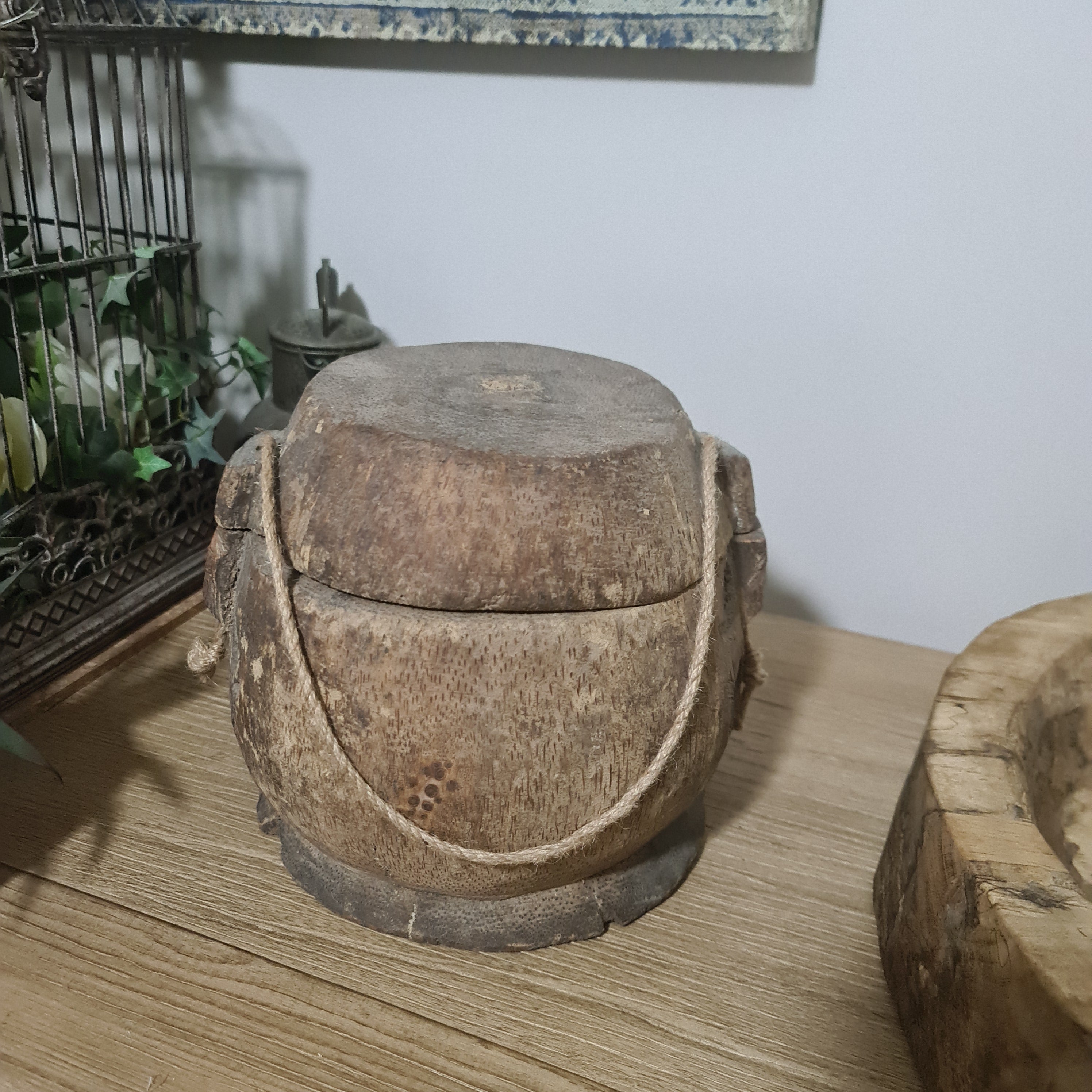 Antique Lidded Naga Wood Bowl | Wabi-Sabi Storage Vessel | Large 23 x 23 x 21 cm