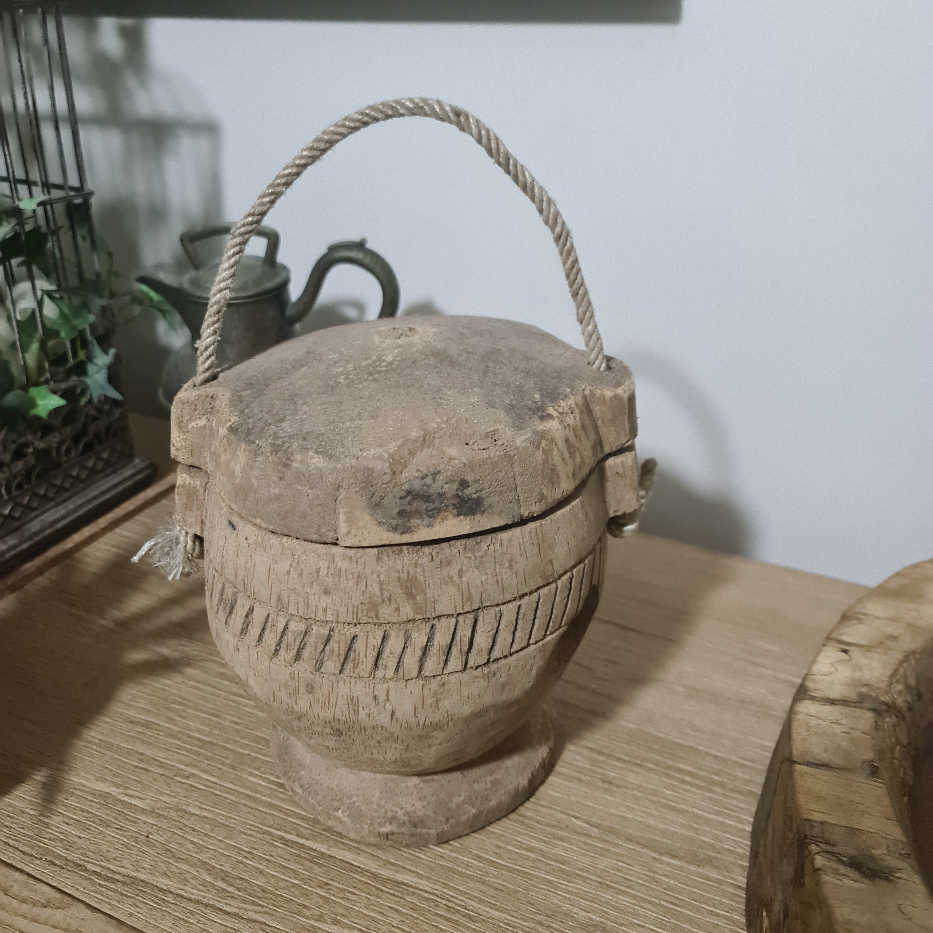 Antique Lidded Naga Wood Bowl | Wabi-Sabi Storage Vessel | Small 19 x 17 x 20 cm