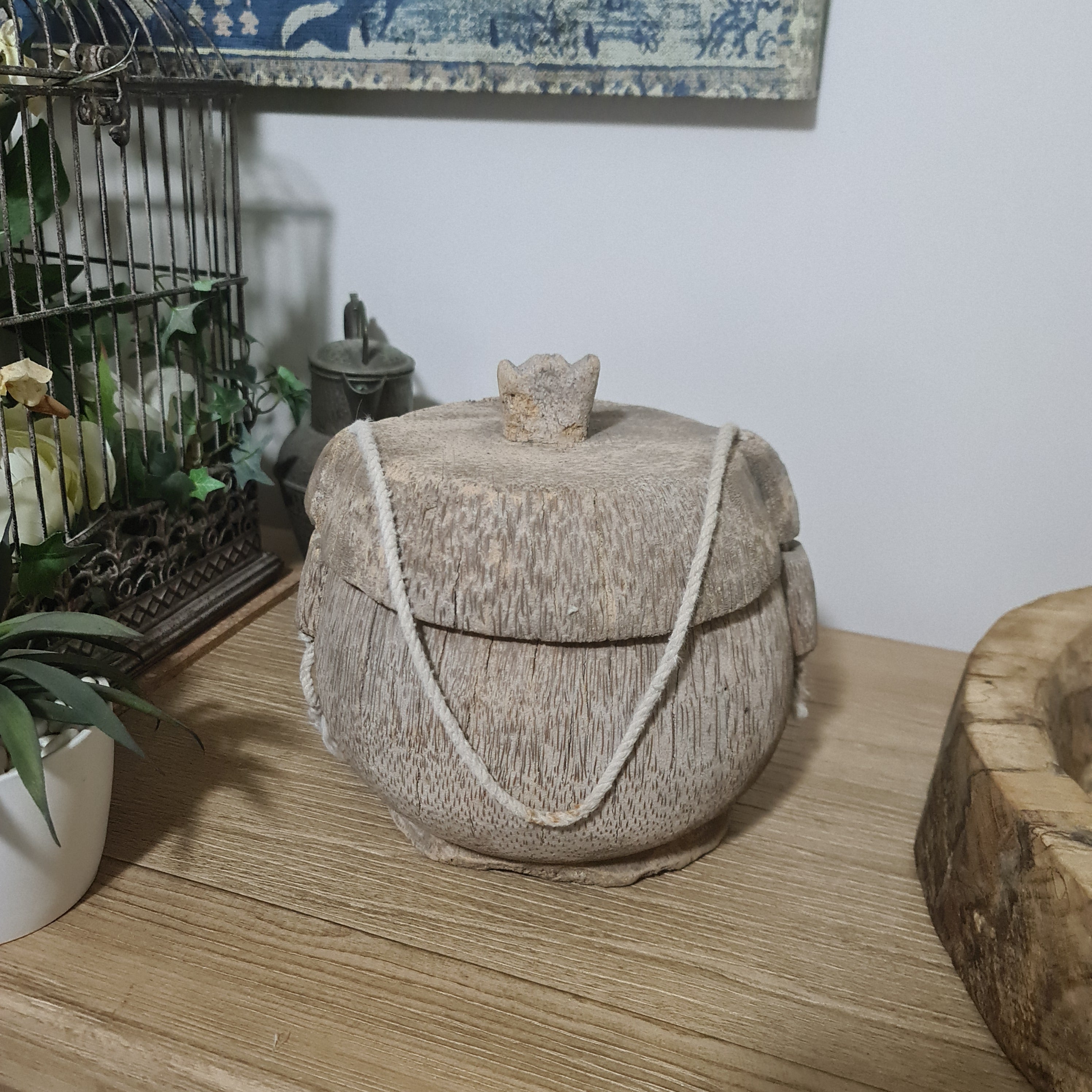 Antique Lidded Naga Wood Bowl | Wabi-Sabi Storage Vessel | Large 23 x 21 x 23 cm
