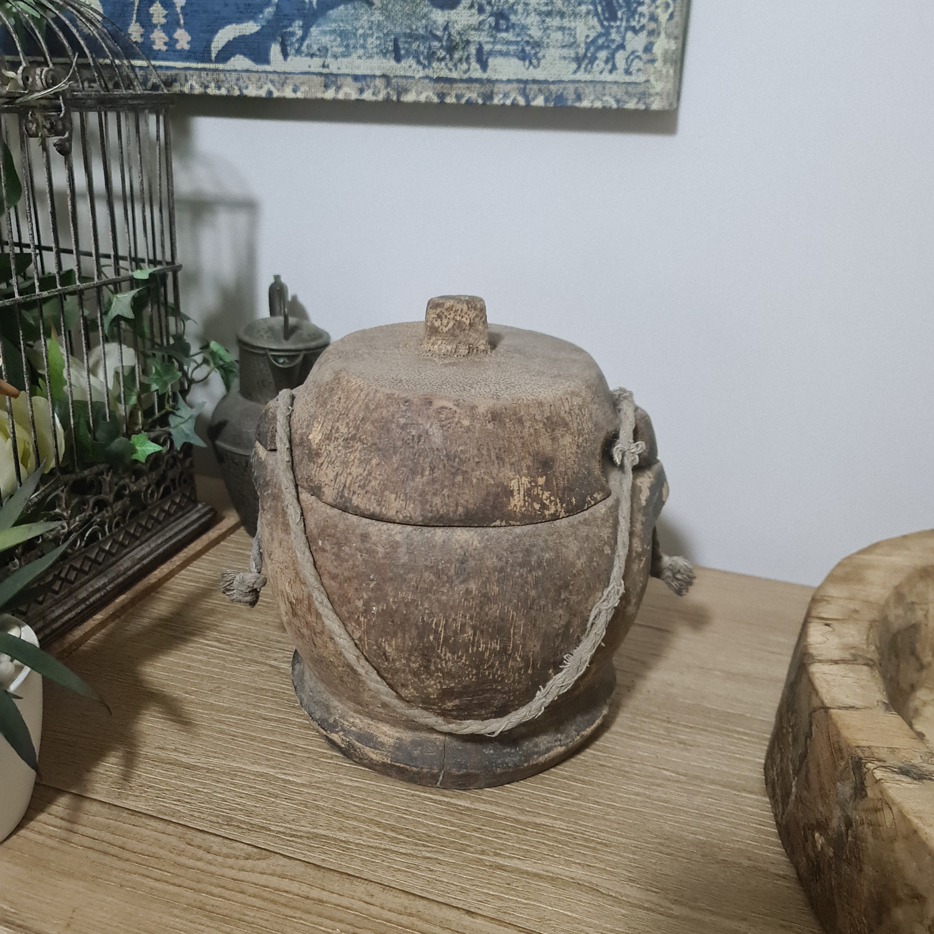 Antique Lidded Naga Wood Bowl | Wabi-Sabi Storage Vessel | Large 23 x 22 x 24 cm