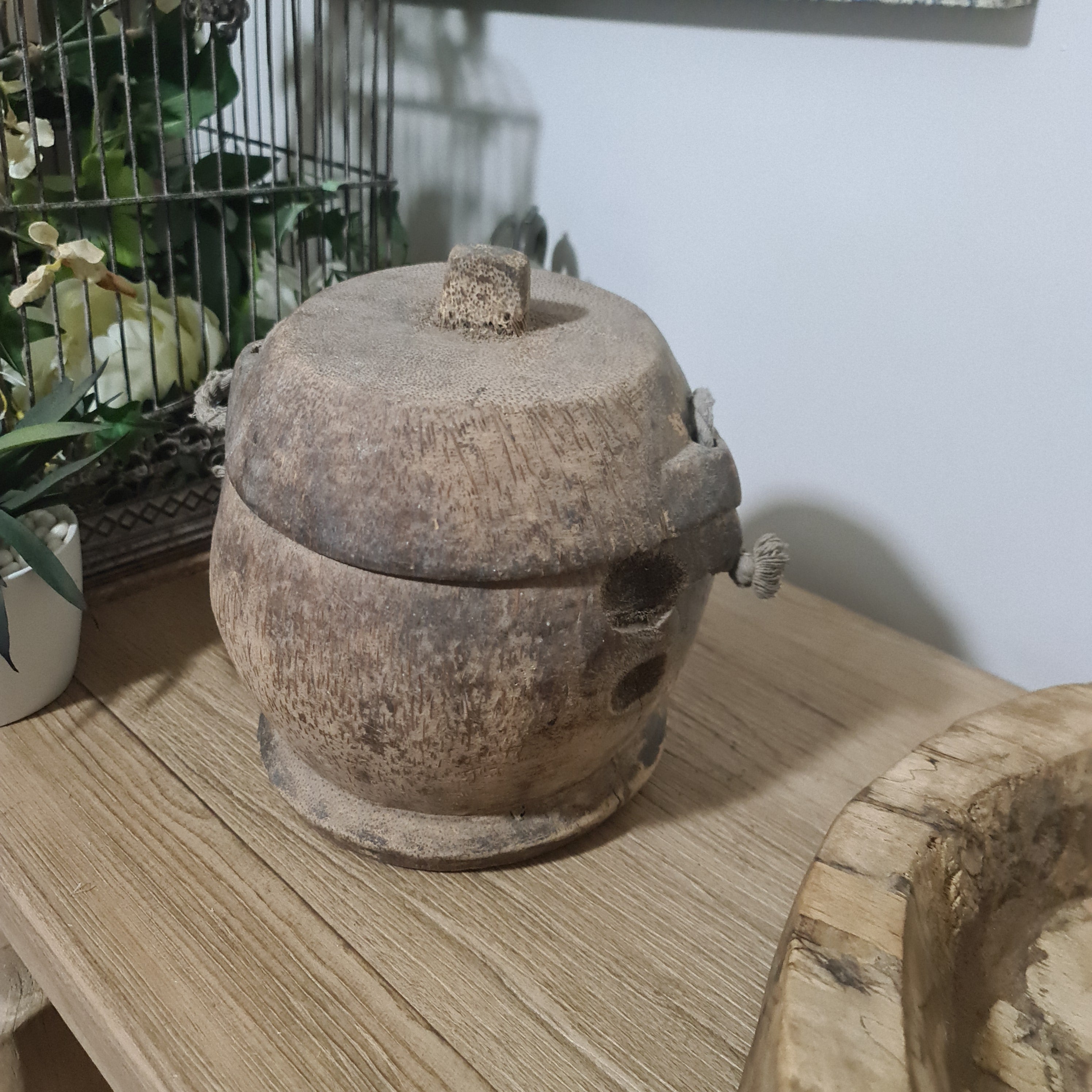 Antique Lidded Naga Wood Bowl | Wabi-Sabi Storage Vessel | Large 23 x 22 x 24 cm