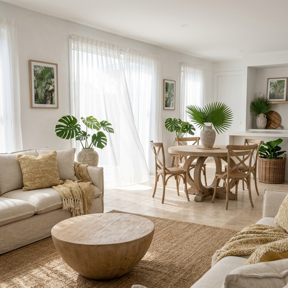 Round recycled elm wood coffee table with unique natural grain in a relaxed coastal style living space