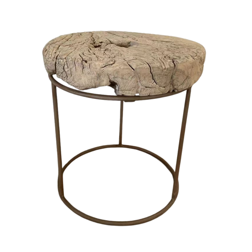 Rustic style side table made of recycled wood for coastal minimalist home decor